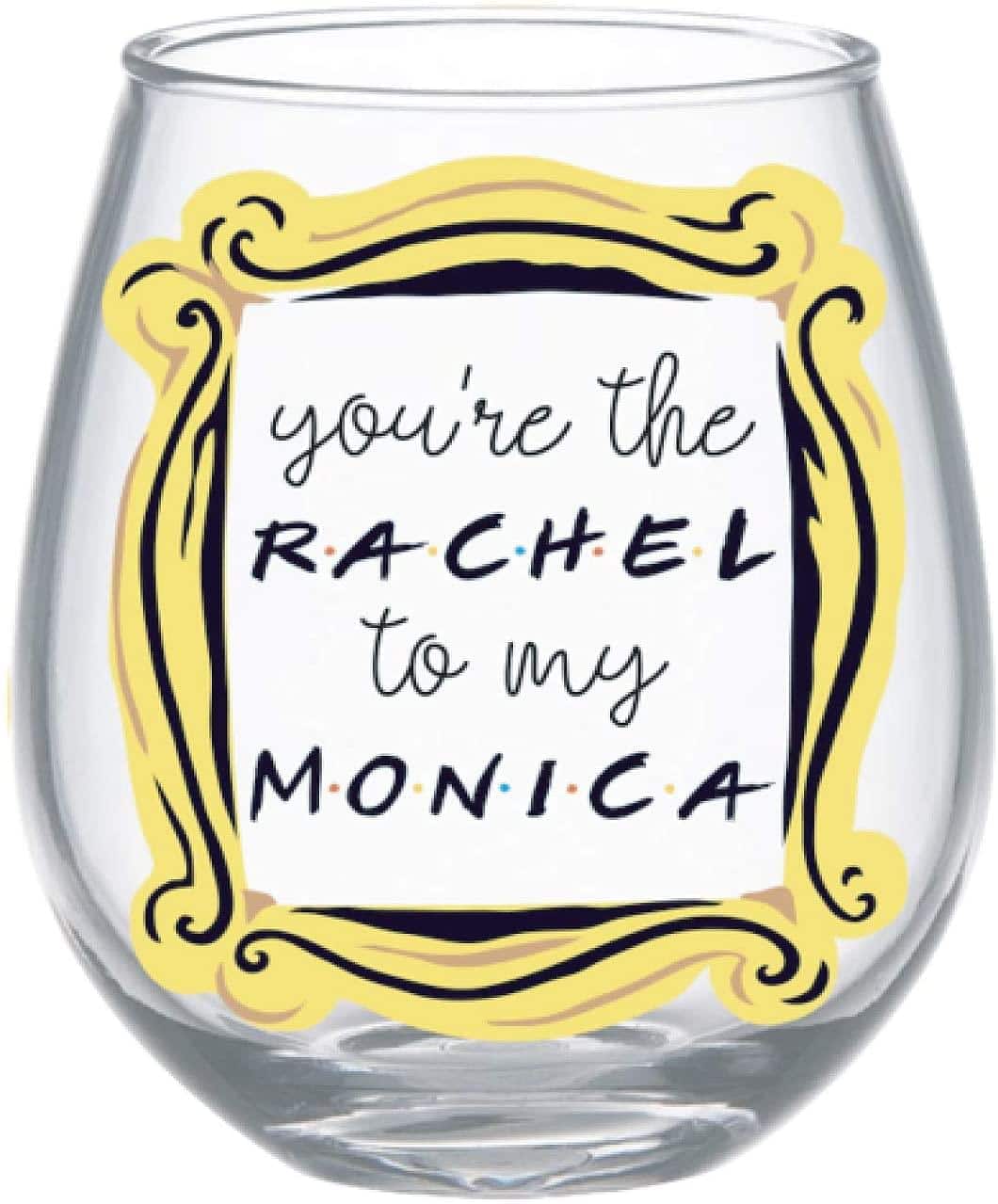 Silver Buffalo - Friends "You're The Rachel To My Monica" Stemless Wine Glass | Holds 20 Ounces - Yellow