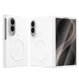 UUCOVER - For Samsung Galaxy Z Fold8 Vegan Leather Magnetic Case with Screen Protector, Magnetic Hinge Protection Slim Phone Cover - White