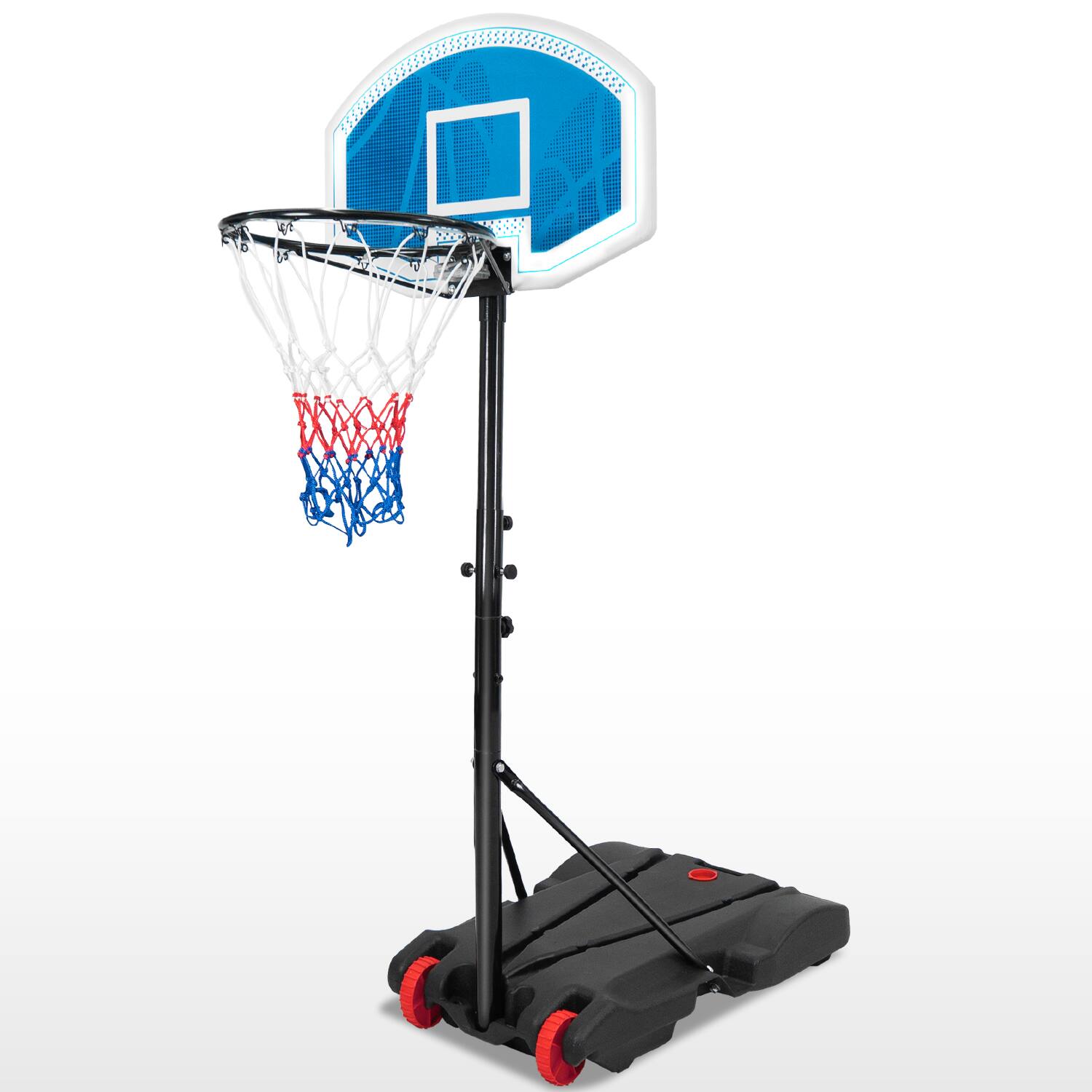 Angle. SPOYNAL - Height-Adjustable Basketball Hoop, Portable Backboard Set w/ 2 Wheels, Fillable Base - BLUE.