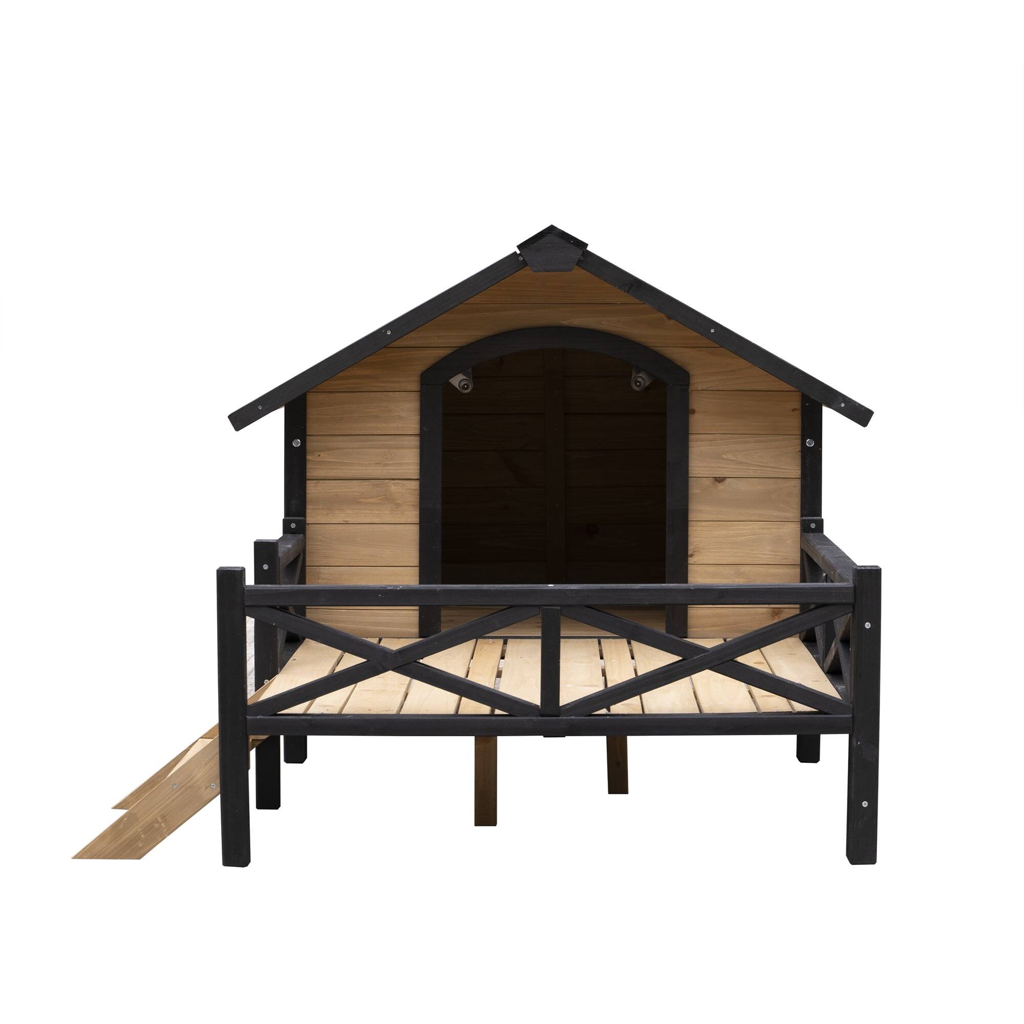 Alt View 2. Pefilos - 66" Large Dog House for Outdoor, Wooden Dog Kennel with Porch for Indoor Pet Living.