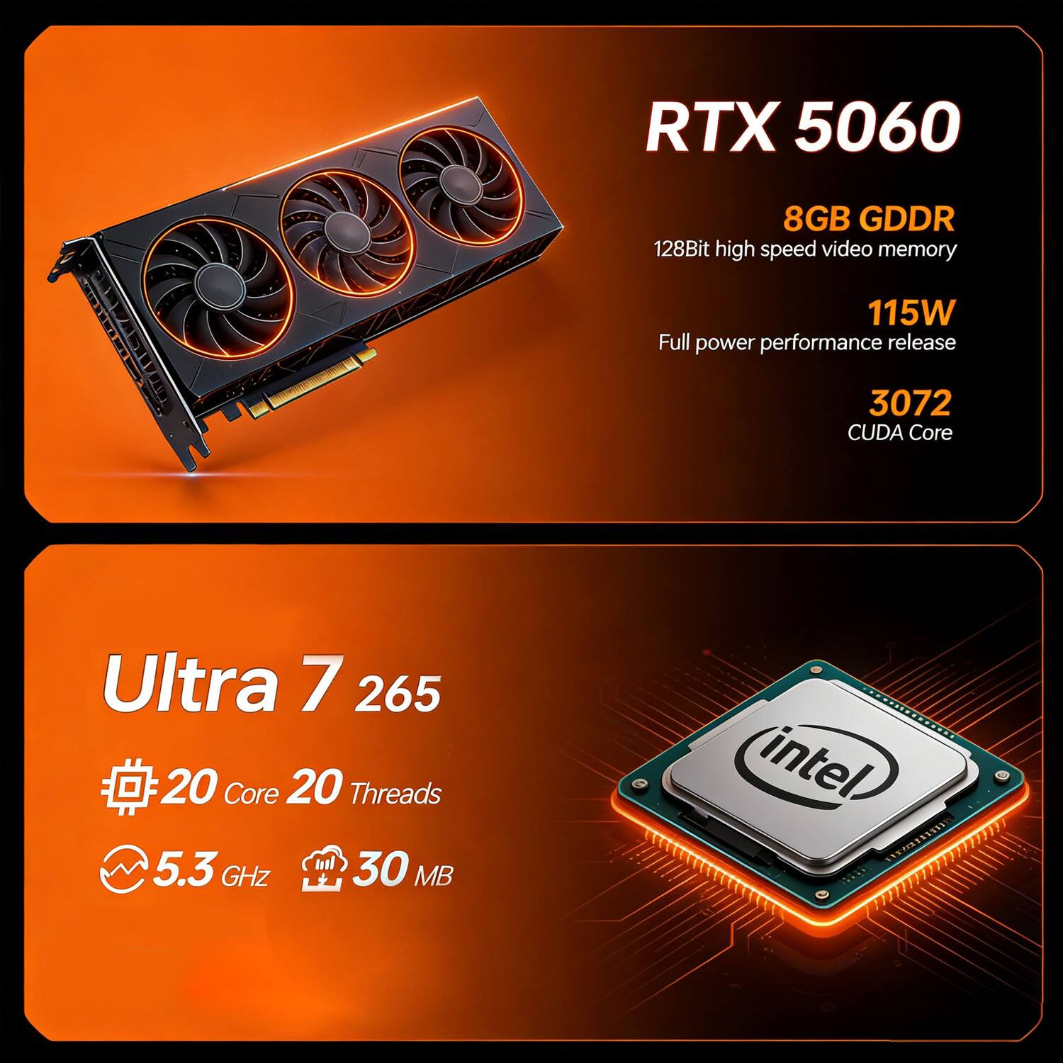 RTX 5060  
8GB GDDR  
128Bit high speed video memory  
115W Full power performance release  
3072 CUDA Core  

Ultra 7 265  
20 Core 20 Threads  
5.3 GHz  
30 MB  

Intel