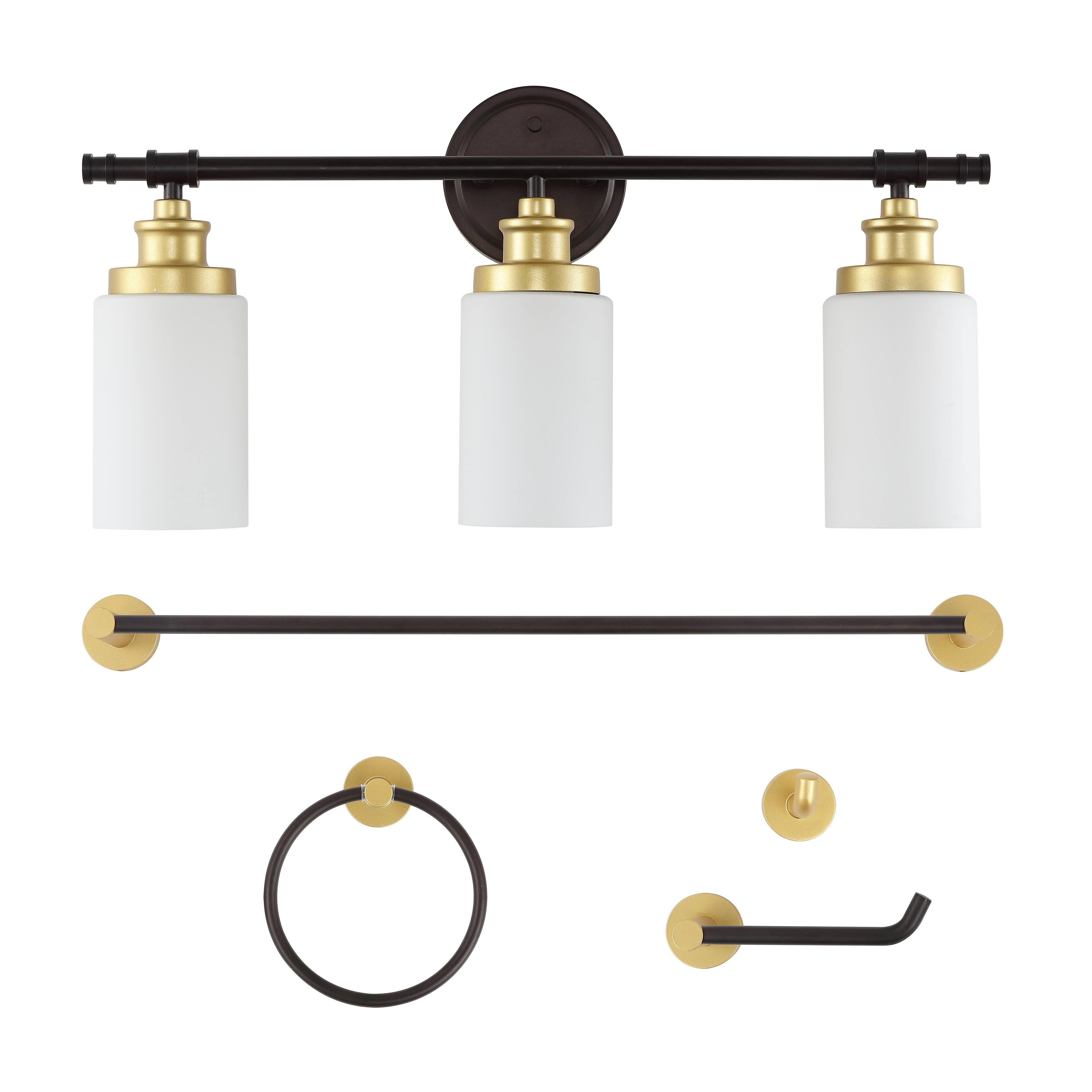 Alt View 7. Jonathan Y - Egan 23.25" 3-Light Vanity Light with Glass Shades and Bathroom Accessory Set, Oil Rubbed Bronze/Gold Painting (5-Piece) - Oil Rubbed Bronze/Gold Painting.