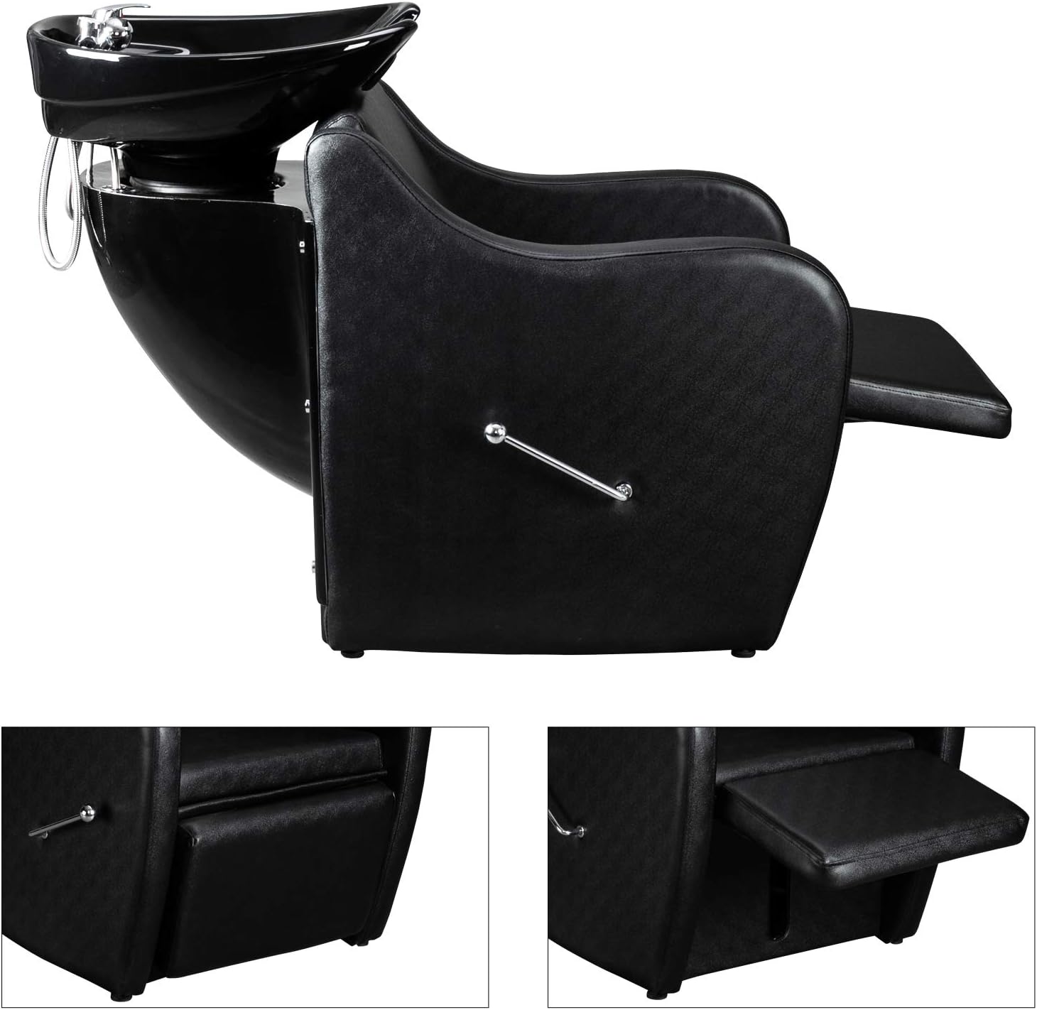 Back. Winado - Backwash Unit  Salon Shampoo Chair with Ceramic Bowl, Soft Gel Neck Rest, Adjustable Footrest for Barbershop Spa Beauty - Black.