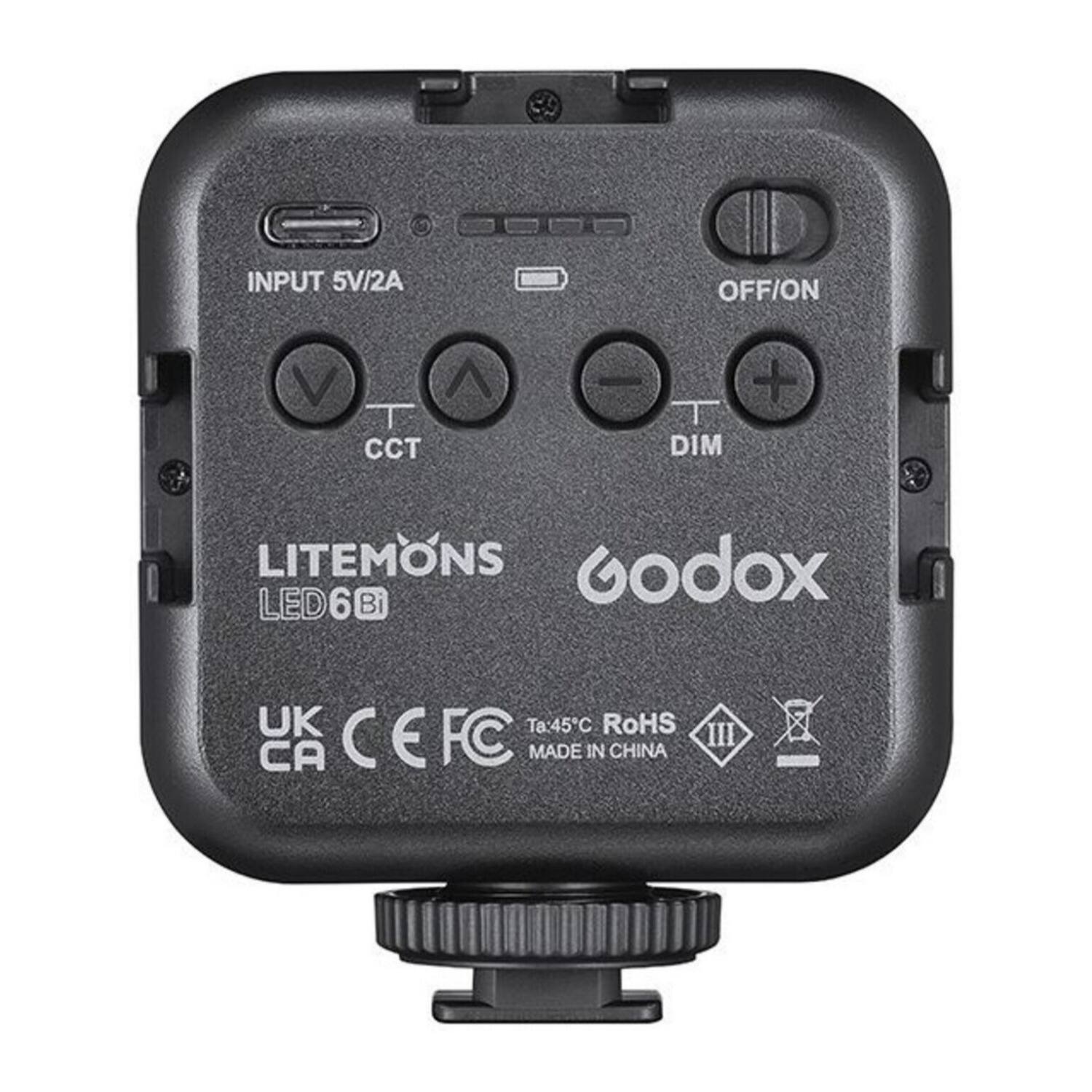 INPUT 5V/2A  
OFF/ON  
CCT  
DIM  

LITEMONS  
LED6Bi  

Godox  

UK CA CE FC  
Ta:45°C RoHS III  
MADE IN CHINA