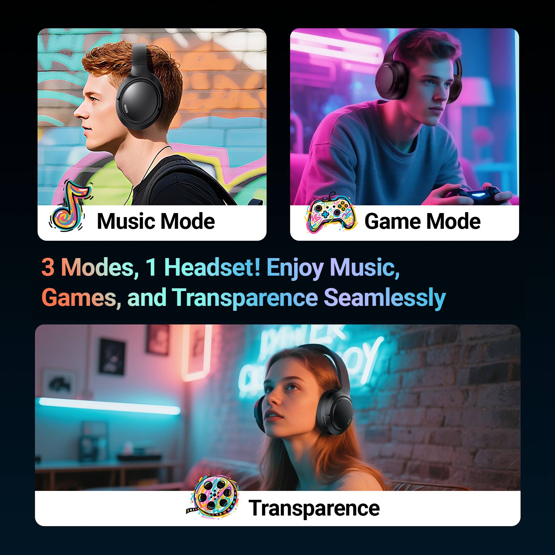 Music Mode Game Mode

3 Modes, 1 Headset! Enjoy Music, Games, and Transparence Seamlessly

Transparence