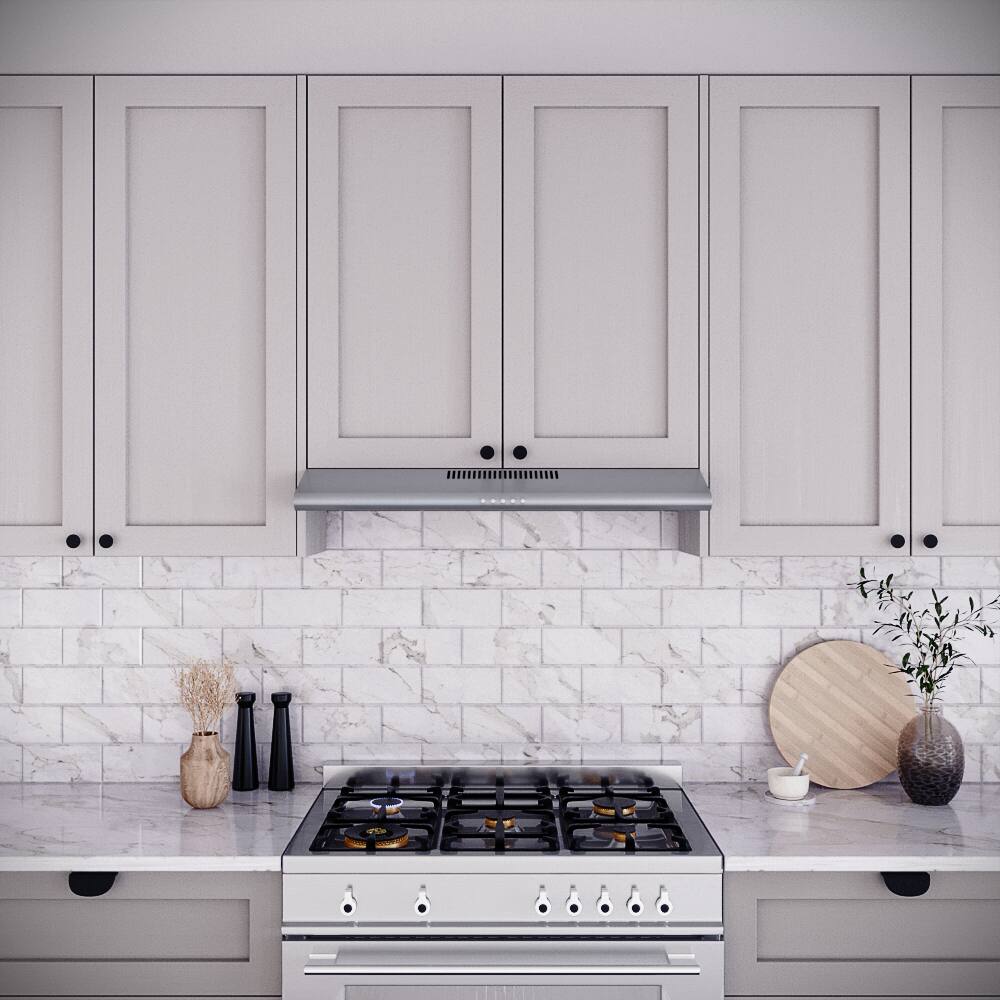 Left. Streamline - 36 in. Consoli Ducted Undermount 80 CFM Range Hood, Mesh Filters, Push Button Control, LED Light - Brushed Stainless Steel.