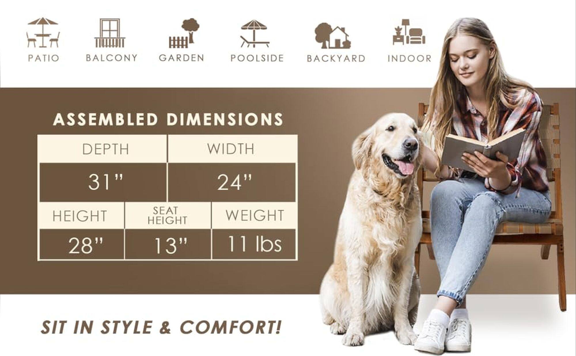 The text on the image is grouped and corrected as follows:

Assembled Dimensions:
Depth: 31"
Width: 24"
Height: 28"
Seat Height: 13"
Weight: 11 lbs

Sit in Style & Comfort!