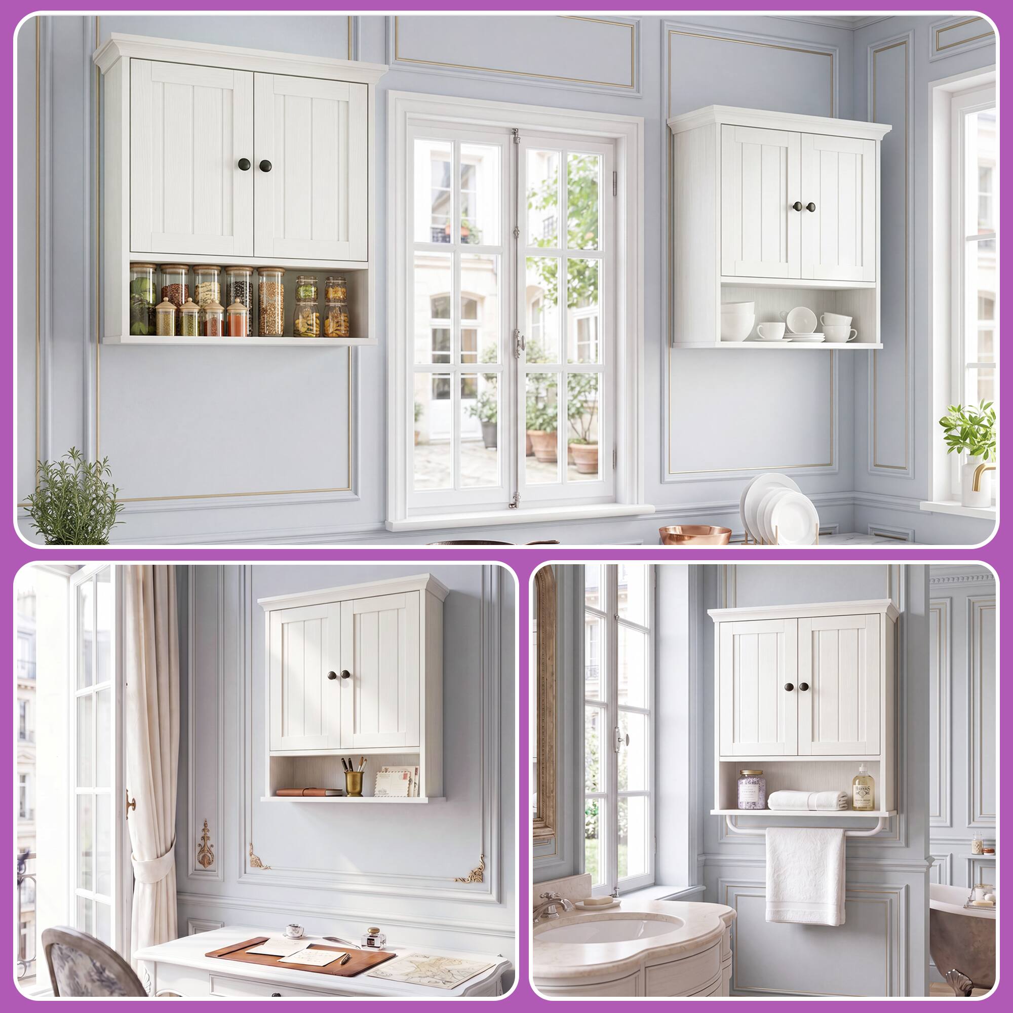 Alt View 2. Aheaplus - Wall Mounted Bathroom Cabinet, 2 Door Medicine Cabinet with Adjustable Shelves and Towel Bar - Off White.