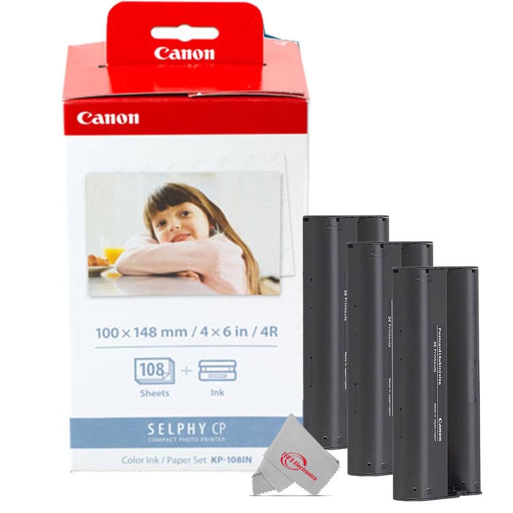 Canon  
100 x 148 mm / 4x6 in / 4R  
108 Sheets + Ink  
SELPHY CP  
Color Ink / Paper Set KP-108IN  
Compact Photo Printer