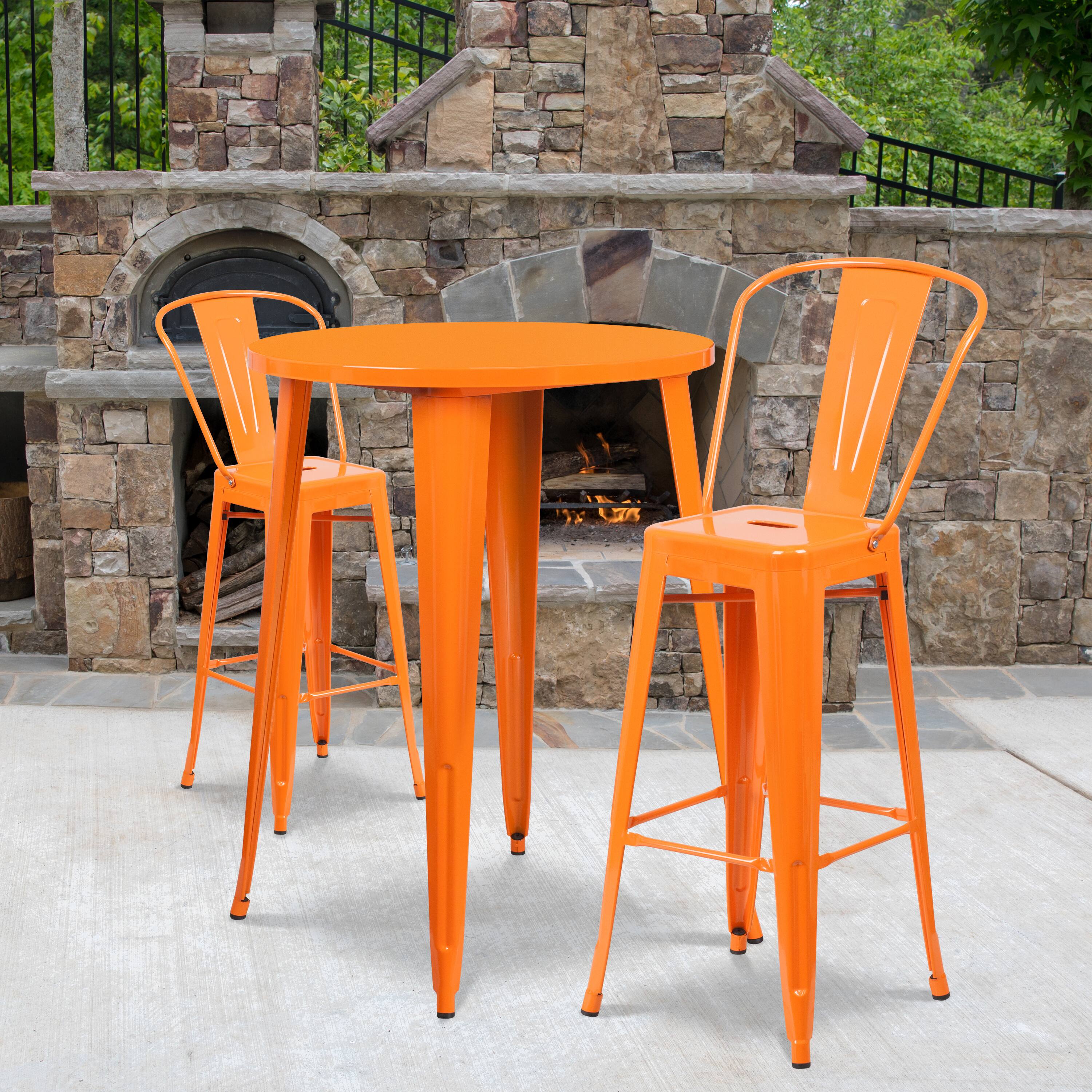 Alt View 1. Emma + Oliver - Commercial Grade 30" Round Metal Indoor-Outdoor Bar Table Set with 2 Cafe Stools - Orange.