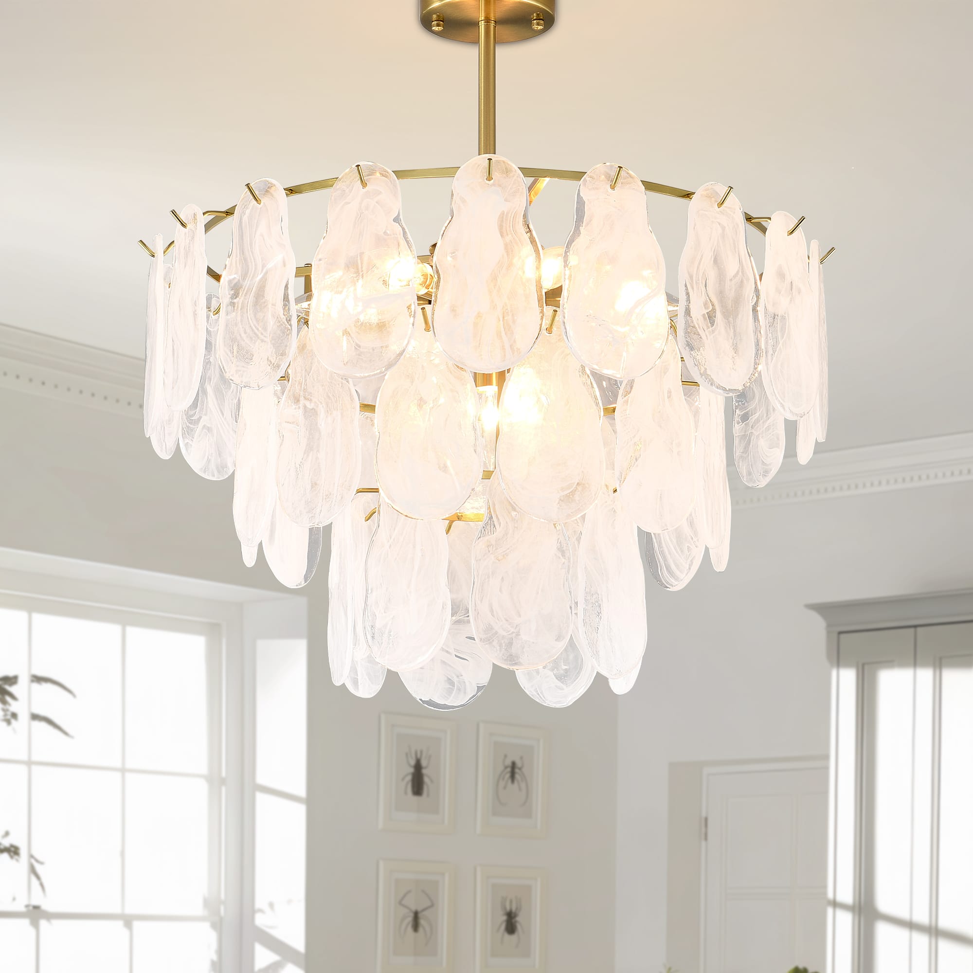 RYHNUYNE - 23.62" Modern Gold Chandelier 3-Tier Cloud Glass Pendant Ceiling Light with 9 Lights for Living Room Bedroom Dining Room