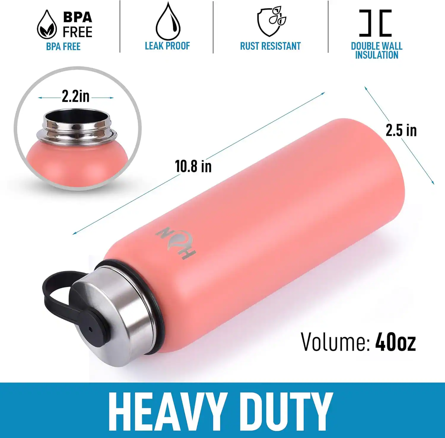 - BPA Free
- Leak Proof
- Rust Resistant
- Double Wall Insulation

- 2.2 in
- 2.5 in
- 10.8 in

- Volume: 40 oz

- Heavy Duty