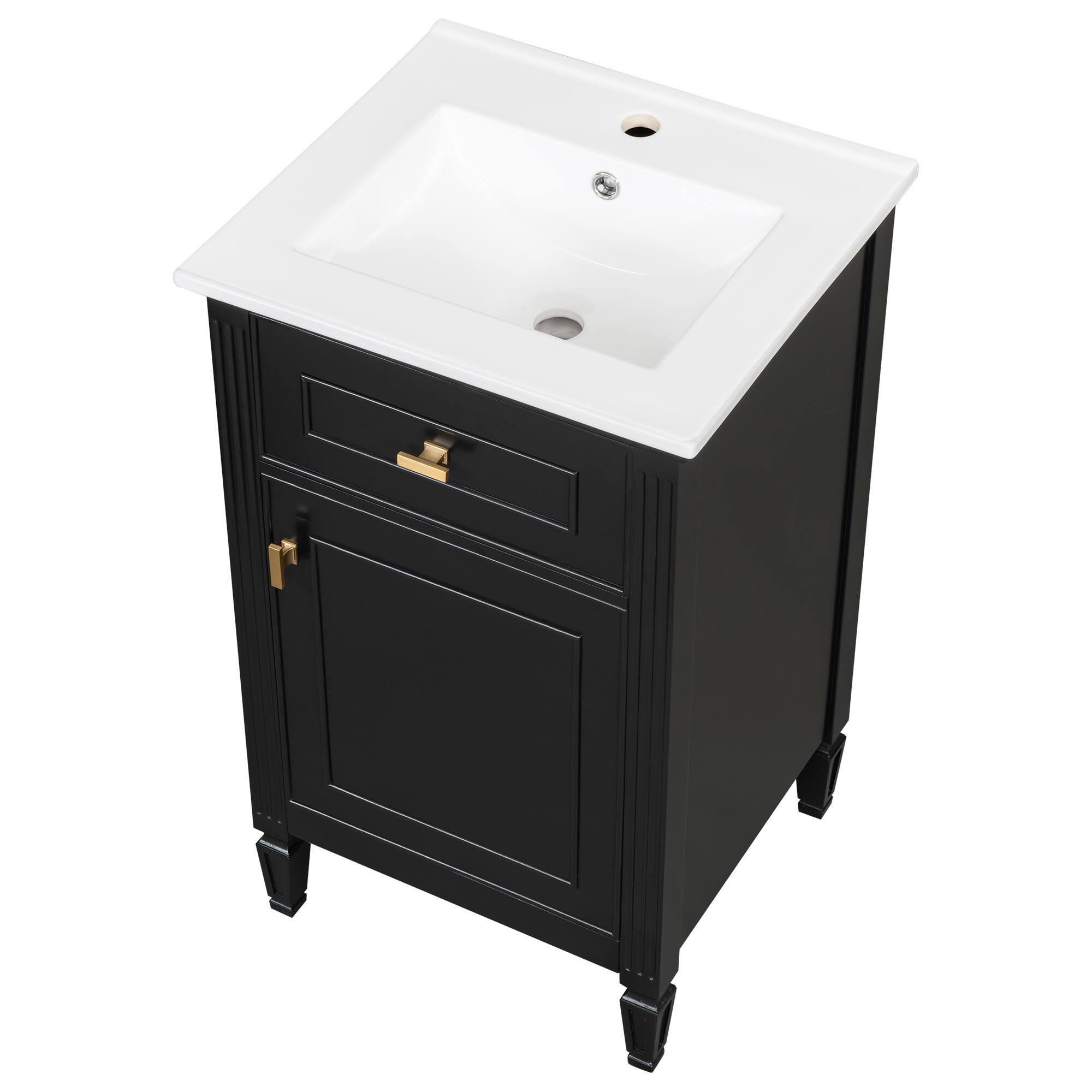 Left. Whisen - 20" Bathroom Vanity with Sink, Adjustable Shelf & Tilt-Out Drawer, Zinc Alloy Knobs  for Small Bathroom - Black.