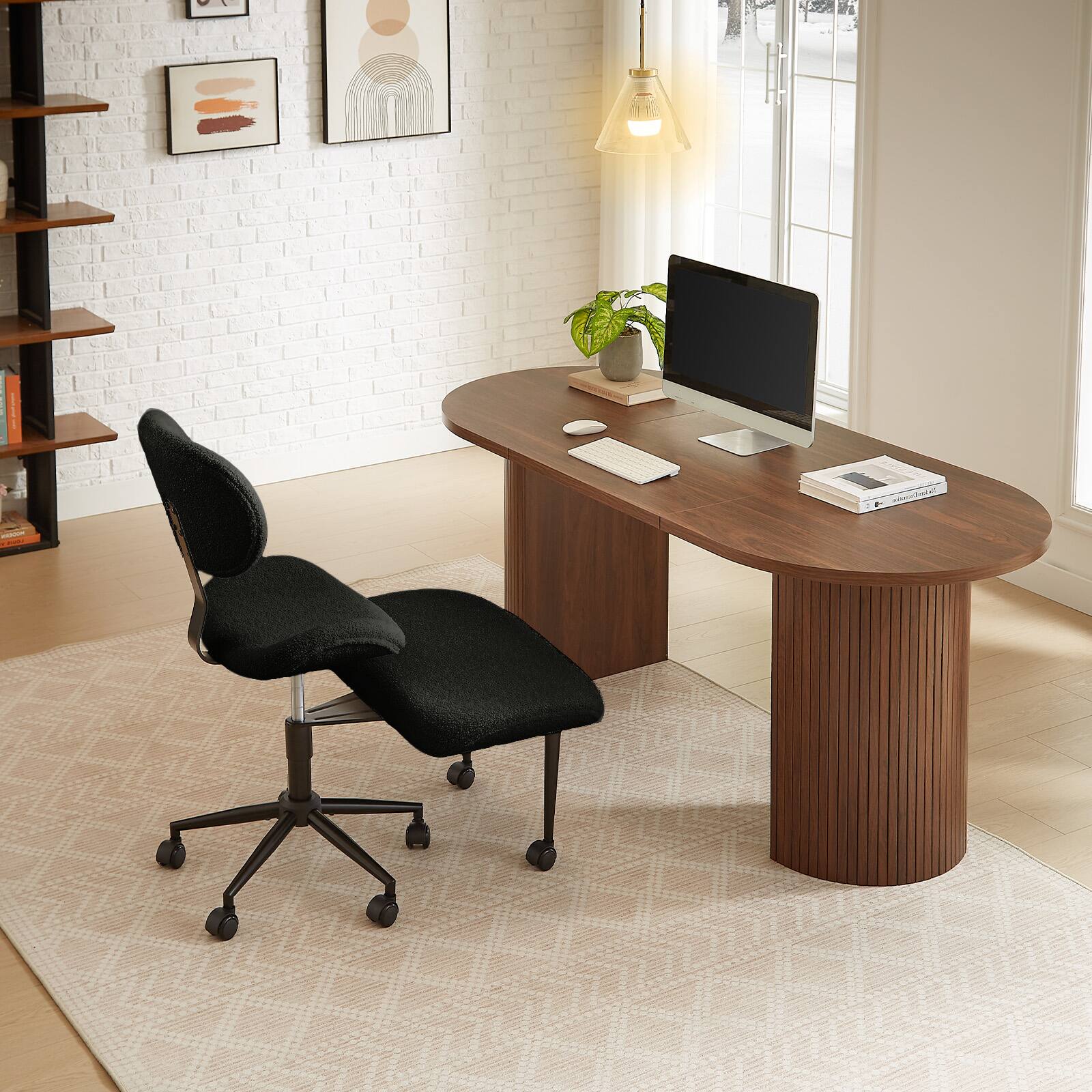 Back. Pinmoco - Fabric Ergonomic Office Chair with Back Support and Wheels Cross-Legged ADHD Adjustable Office Chair - Teddy Black.