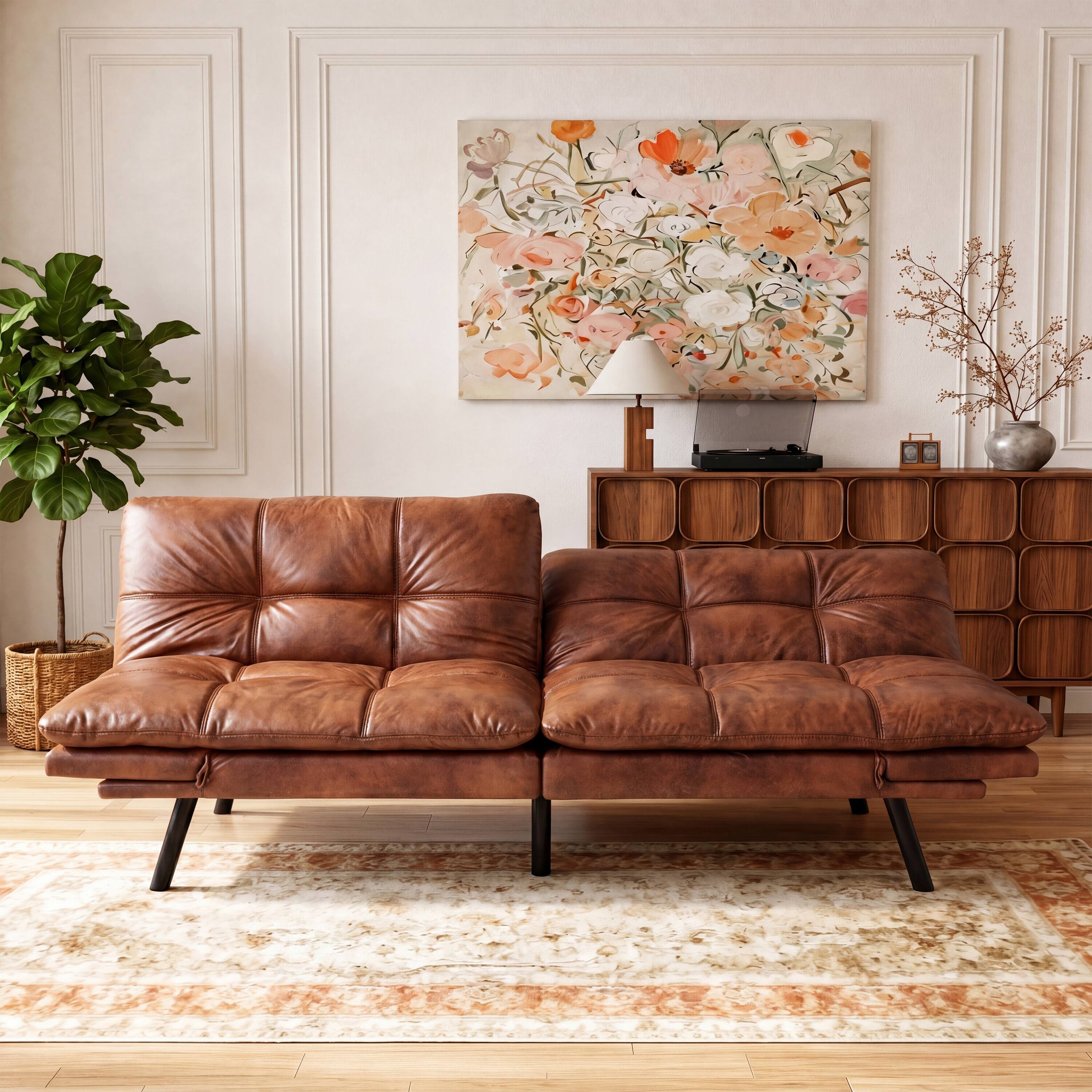 Angle. Vipbear - 71" Futon Convertible Sofa Bed, Modern Loveseat with Adjustable Armrests&Backrest for Small Spaces Apartments & Office - Brown.
