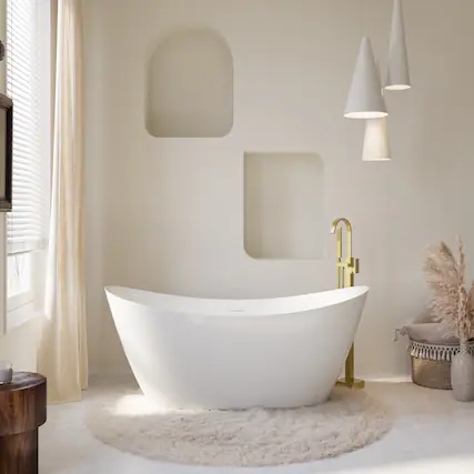 Front. WELLFOR - Villa 66 in. x 28.75 in. Acrylic Oval Freestanding Soaking Bathtub with Center Drain and Overflow - White.