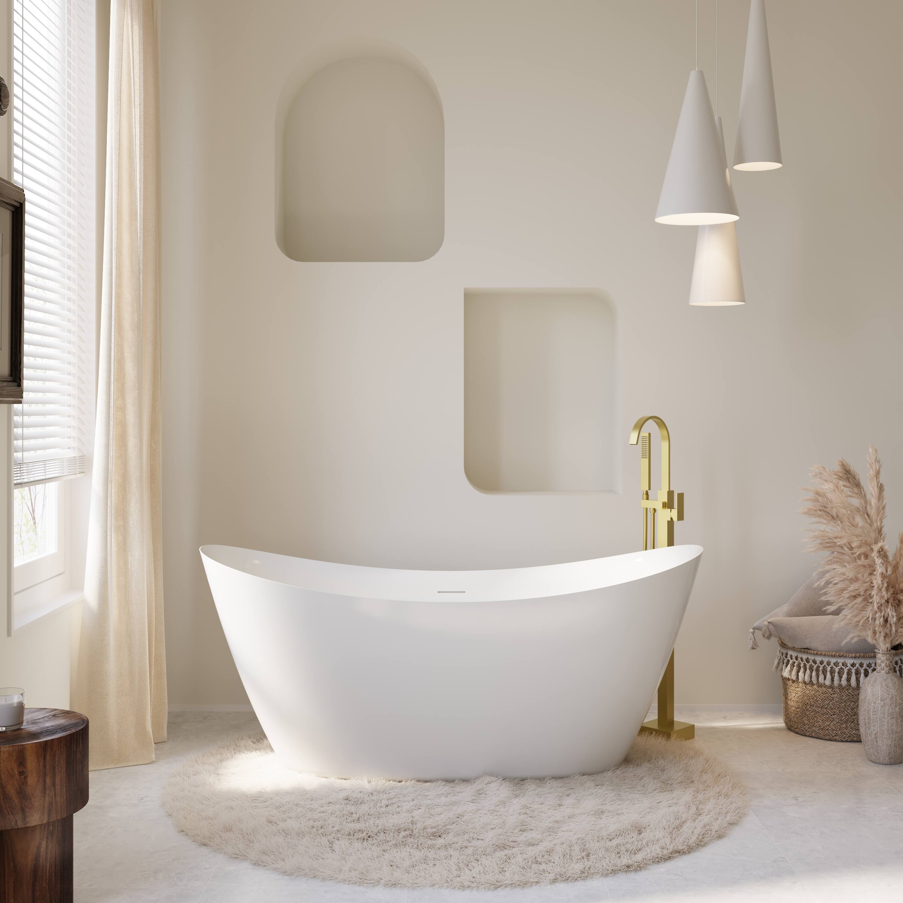 Front. WELLFOR - Villa 66 in. x 28.75 in. Acrylic Oval Freestanding Soaking Bathtub with Center Drain and Overflow - White.