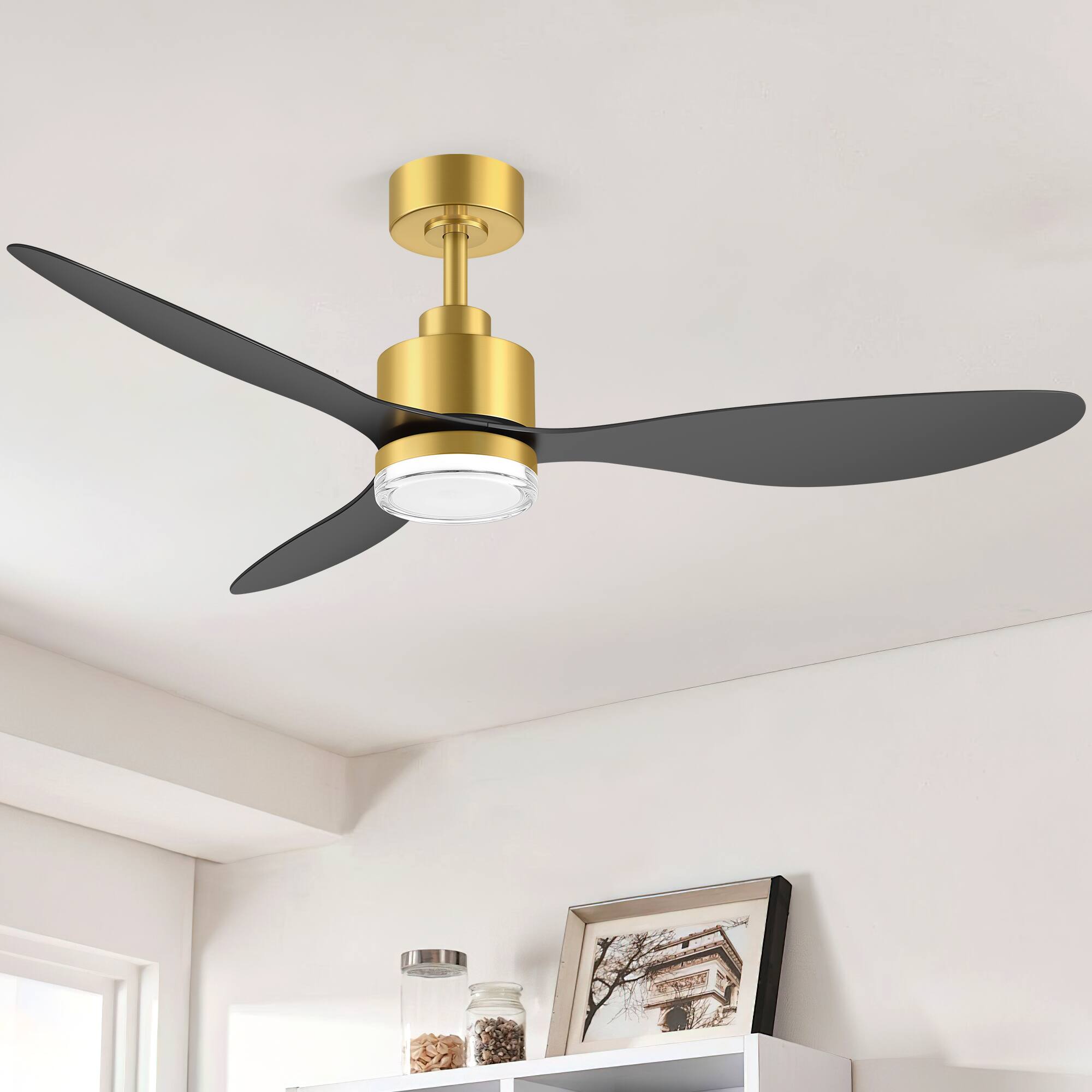 Left. Breezary - 52-Inch Modern LED Ceiling Fan with Remote, 6'' Downrod, 3 ABS Blades, 6-Speed DC Motor, Reversible & Timer - Black and gold.
