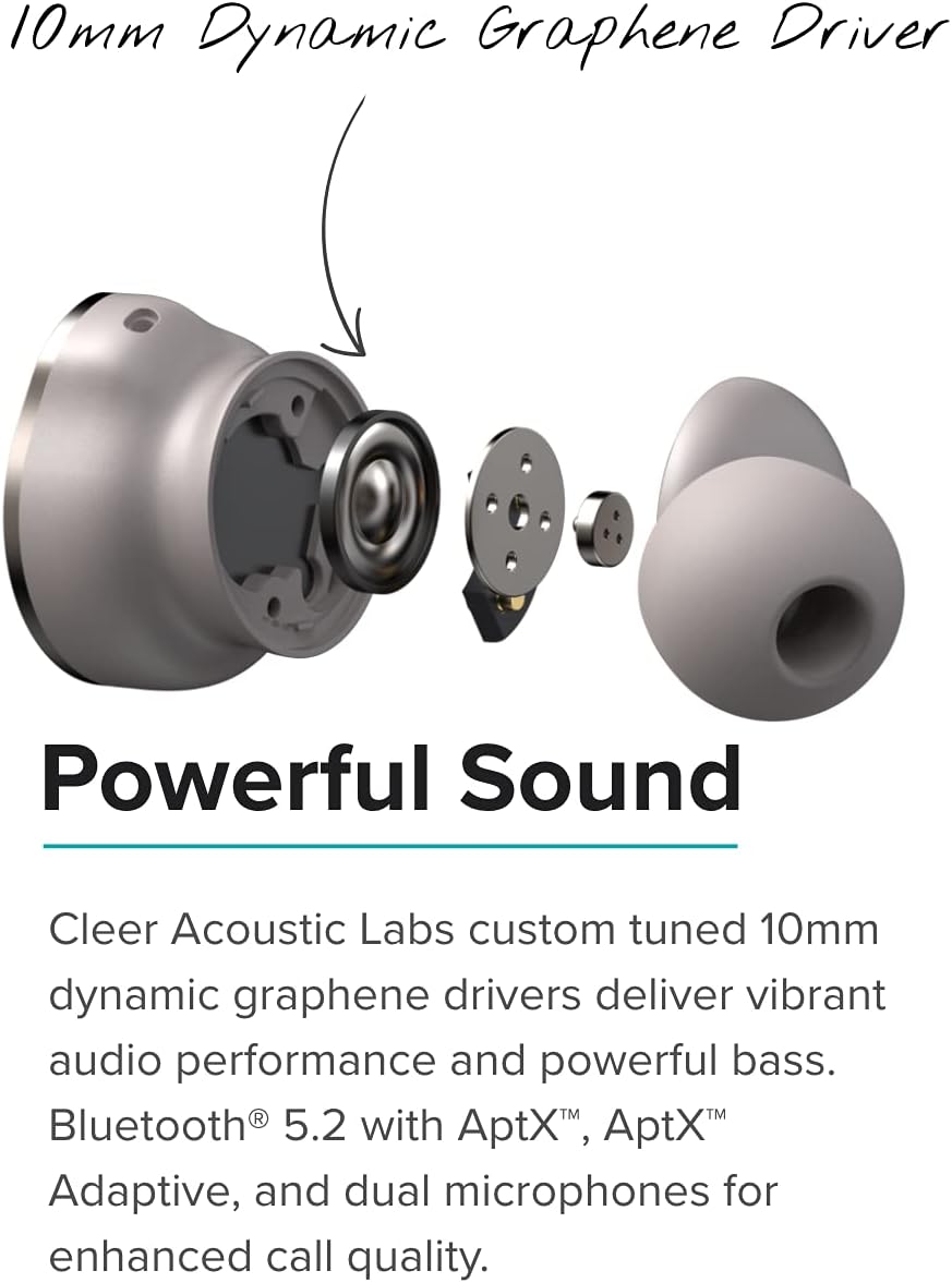 10mm Dynamic Graphene Driver

Powerful Sound

Cleer Acoustic Labs custom tuned 10mm dynamic graphene drivers deliver vibrant audio performance and powerful bass. Bluetooth® 5.2 with AptX™, AptX™ Adaptive, and dual microphones for enhanced call quality.