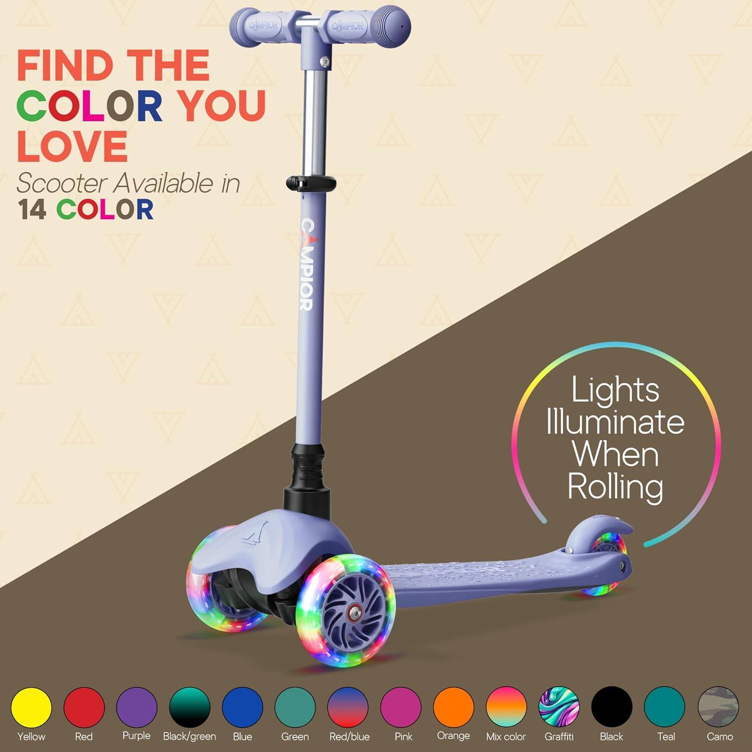 FIND THE COLOR YOU LOVE Scooter Available in 14 COLOR Lights Illuminate When Rolling Yellow Red Purple Black/green Blue Green Red/blue Pink Orange Mix color Graffiti Black Teal Camo