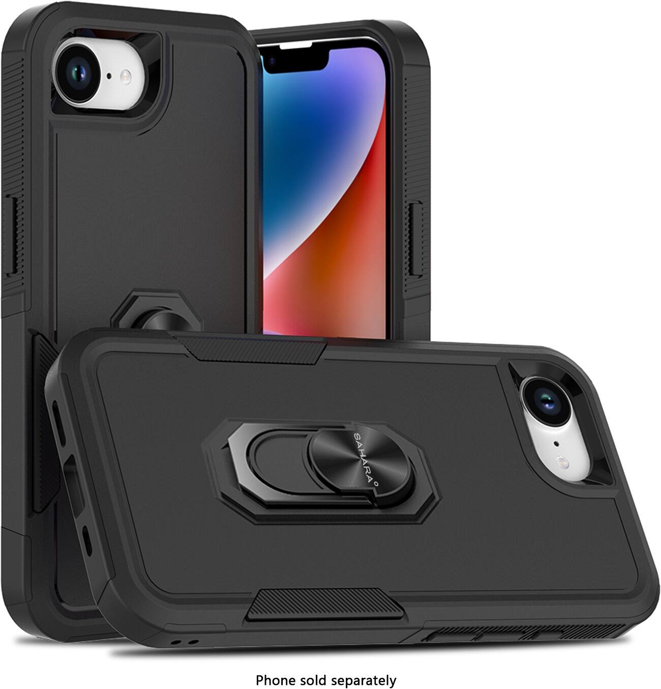 The image features a black case for an iPhone, which is sold separately. The case is designed to protect the phone and is available for purchase.