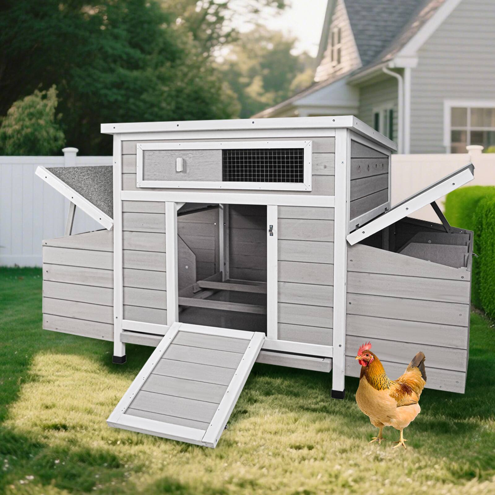 Angle. Mondawe - 58" Fir Wood Chicken Coop Outdoor Hen House Poultry Cage w/ 2 Nesting Boxes, Moisture Protection - Light Brown.