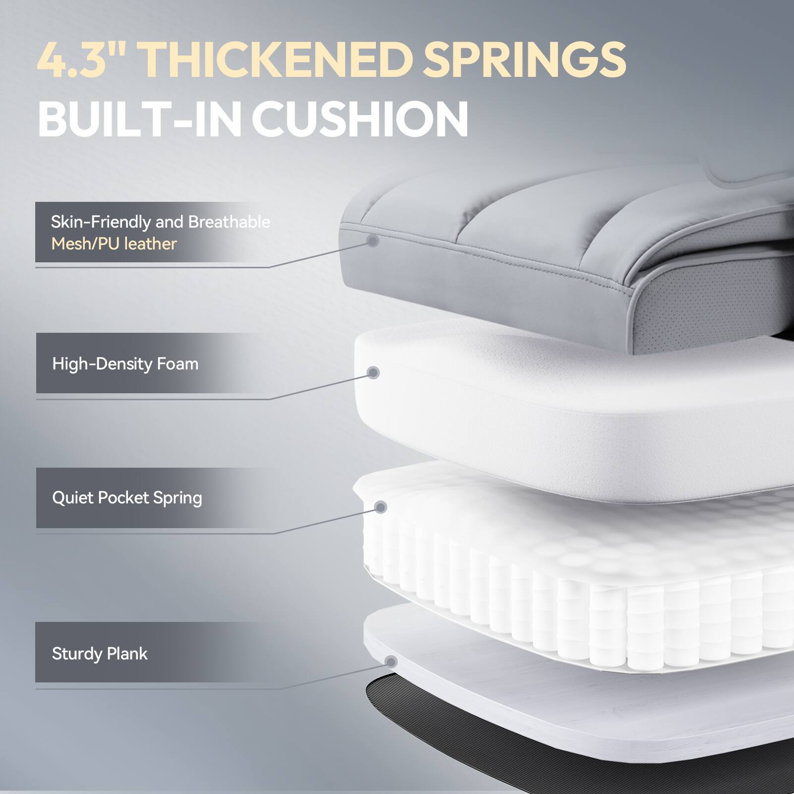 4.3" Thickened Springs Built-In Cushion

- Skin-Friendly and Breathable Mesh/PU Leather
- High-Density Foam
- Quiet Pocket Spring
- Sturdy Plank