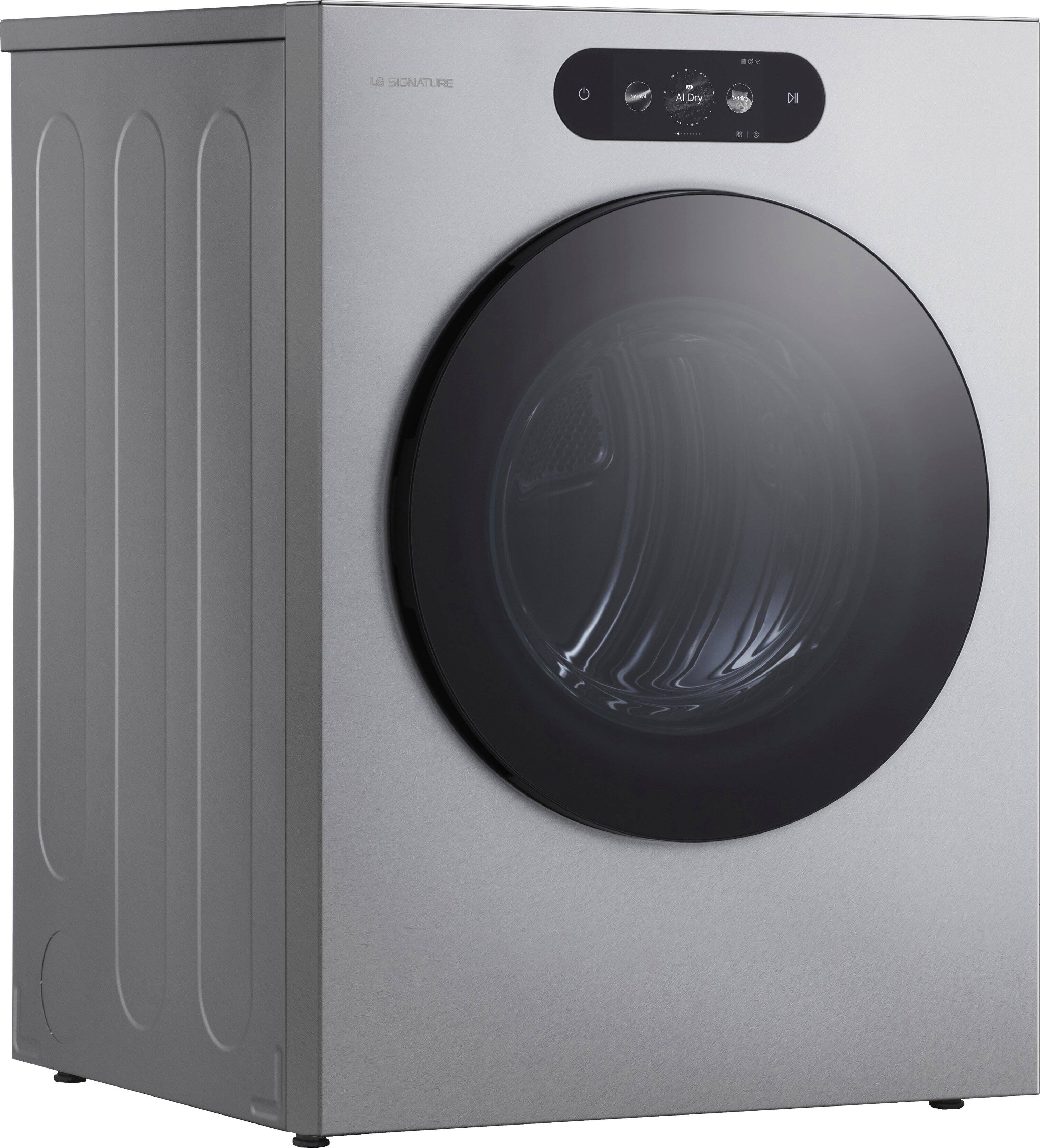 Angle. LG - LG SIGNATURE 9.0 Cu. Ft. Stackable Smart Gas Dryer with Steam and AI Sensor Dry - Brushed Platinum Steel.