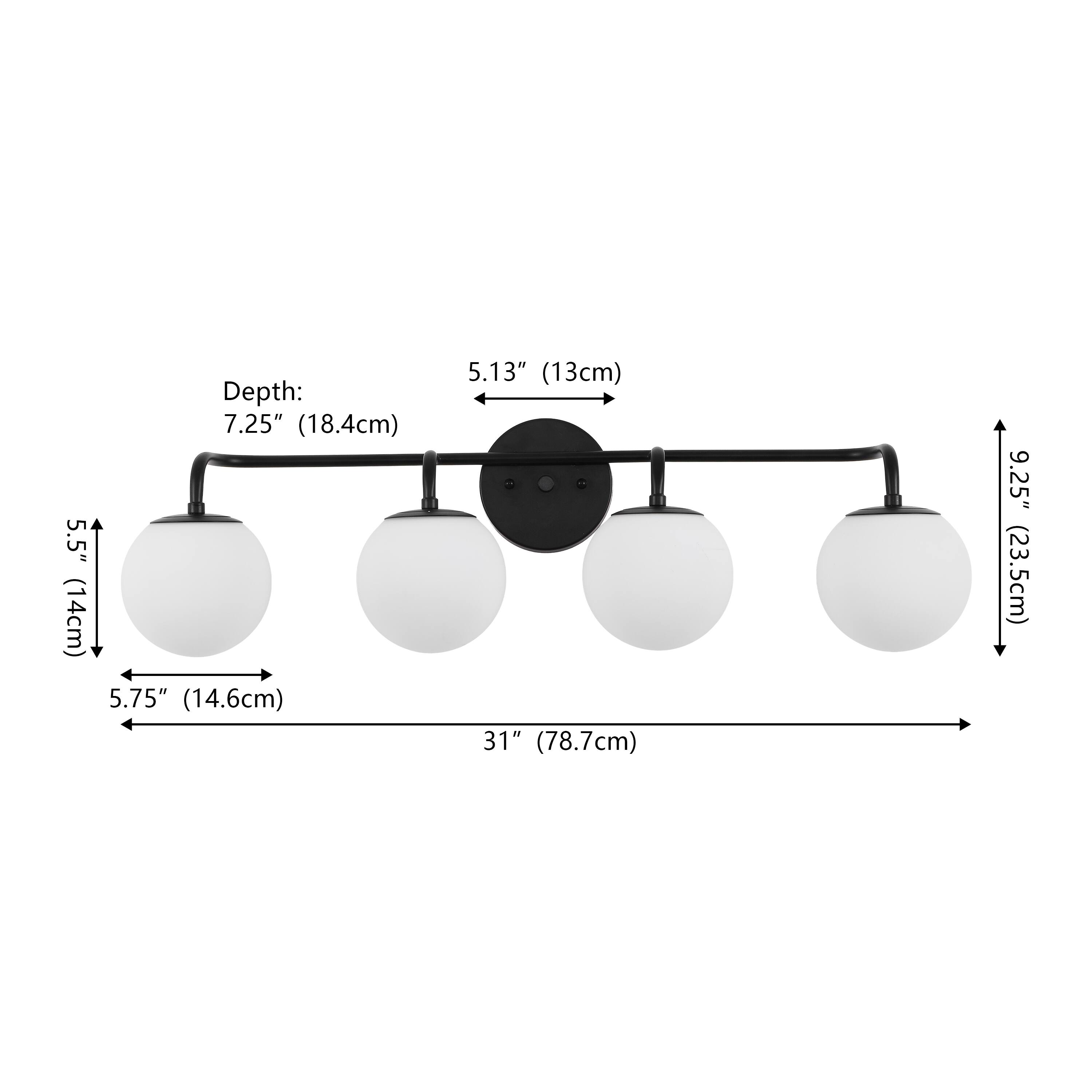 Depth: 7.25" (18.4cm)  
5.5" (14cm)  
5.75" (14.6cm)  
5.13" (13cm)  
31" (78.7cm)  
9.25" (23.5cm)