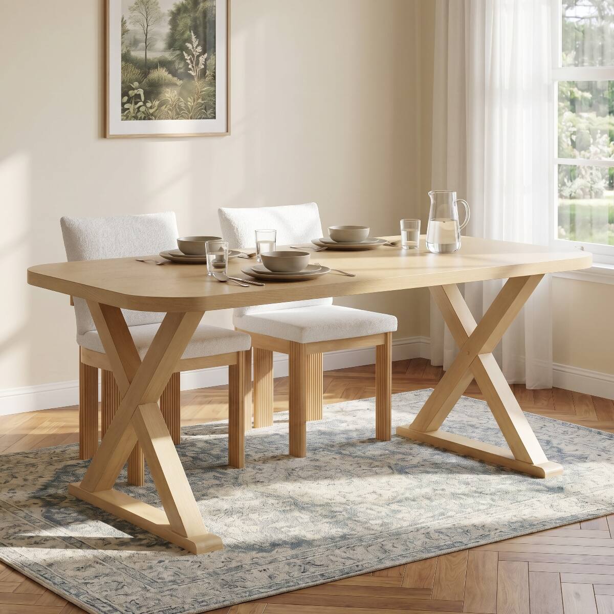 Loheer Oak Veneer Dining Table with X Legs, 68.75 Inch Rectangular ...