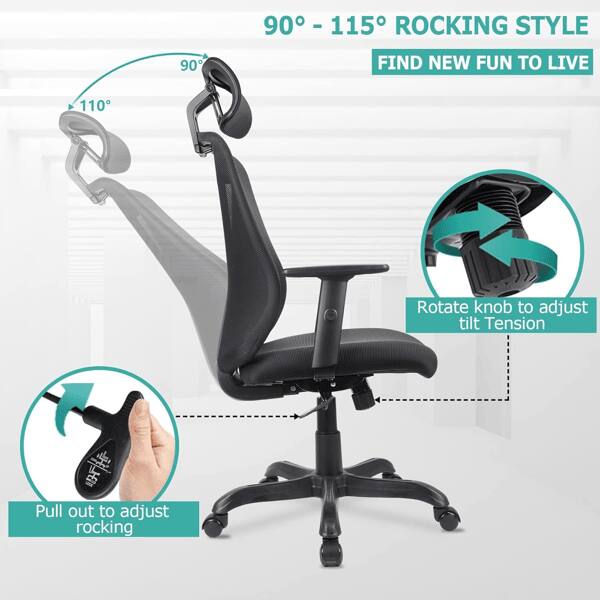 90° - 115° ROCKING STYLE  
FIND NEW FUN TO LIVE  

Rotate knob to adjust tilt tension  
Pull out to adjust rocking