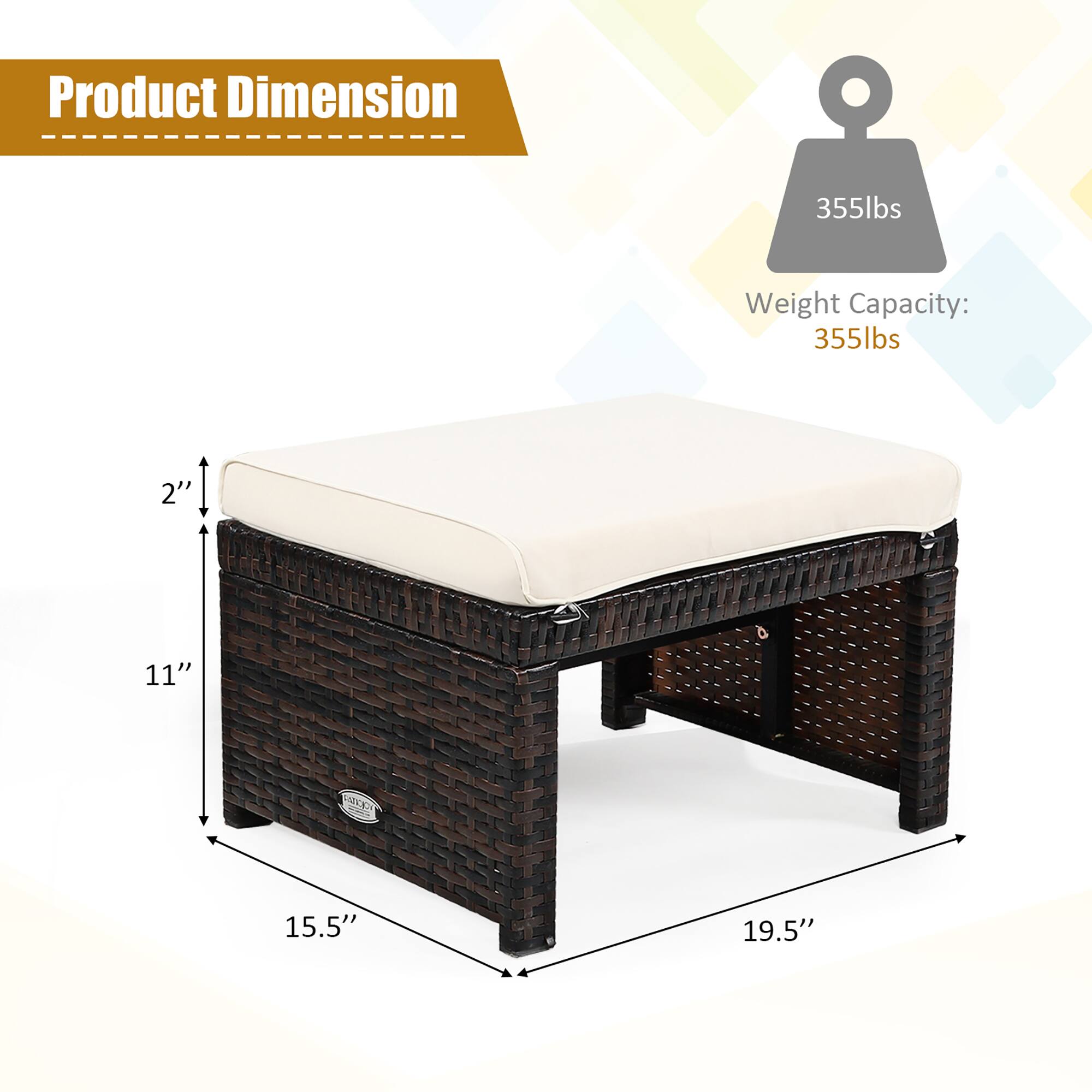 Product Dimension: 355lbs Weight Capacity: 355lbs 2" 11" 15.5" 19.5"
