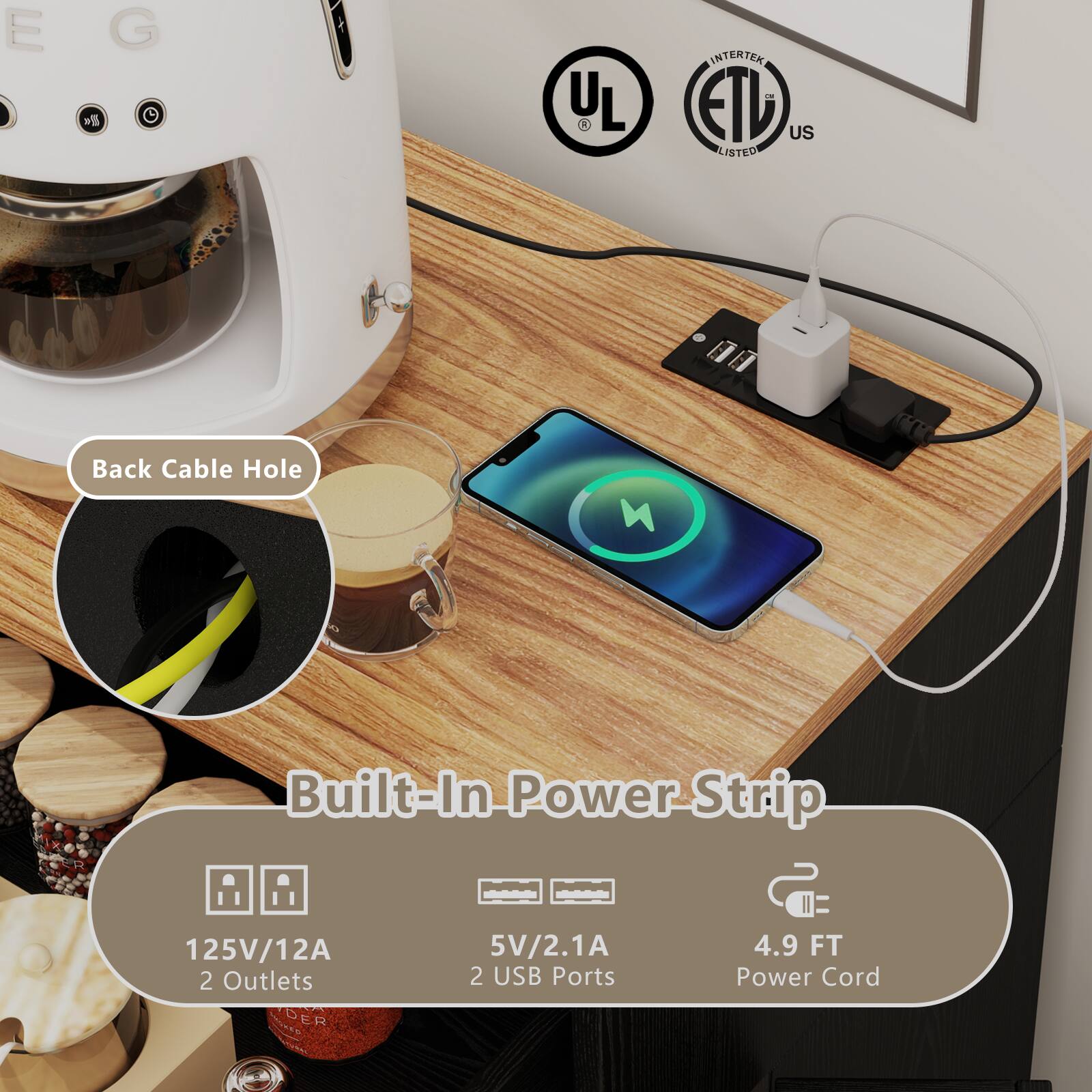 EG

Back Cable Hole

Built-In Power Strip

125V/12A  
2 Outlets

5V/2.1A  
2 USB Ports

4.9 FT Power Cord

UL  
ETL US