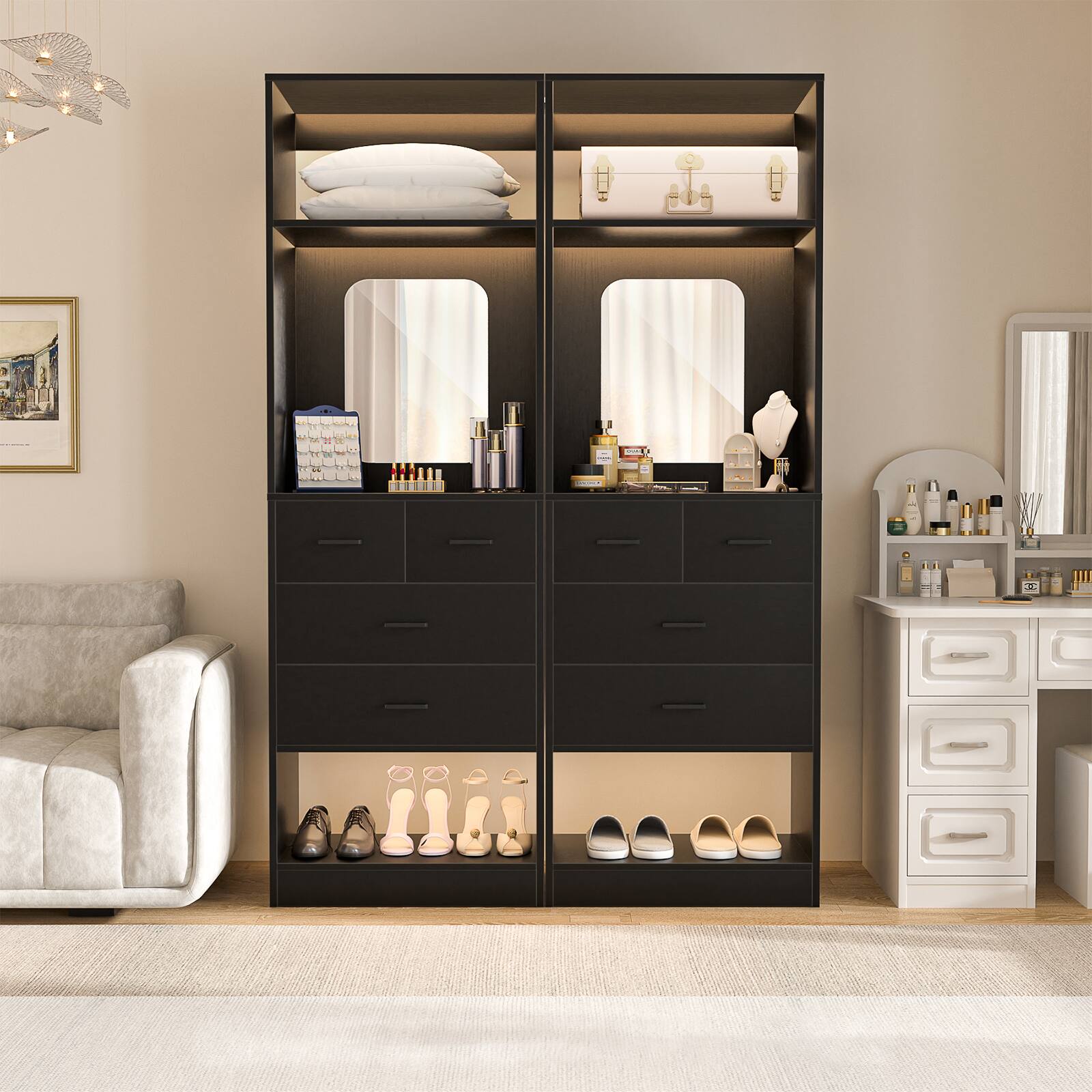 Left. Aheaplus - 25 Inch Closet System with 4 Wooden Drawers, Freestanding Closet Organizer with Mirror & Storage Shelves - Black.