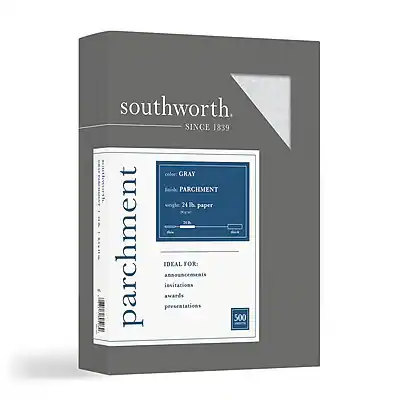 southworth
SINCE 1839
parchment
color: GRAY
finish: PARCHMENT
weight: 24 lb. paper
IDEAL FOR:
invitations
awards
presentations
500