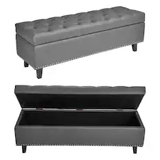 Front. VEVOR - Button-Tufted Storage Ottoman Bench, PU Leather Bench with Storage and Solid Wood Legs, Modern Shoe Benches Seat - Gray.
