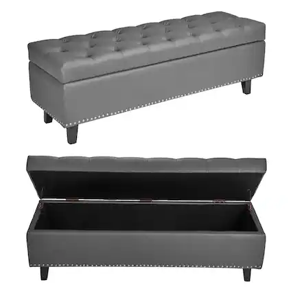 Front. VEVOR - Button-Tufted Storage Ottoman Bench, PU Leather Bench with Storage and Solid Wood Legs, Modern Shoe Benches Seat - Gray.