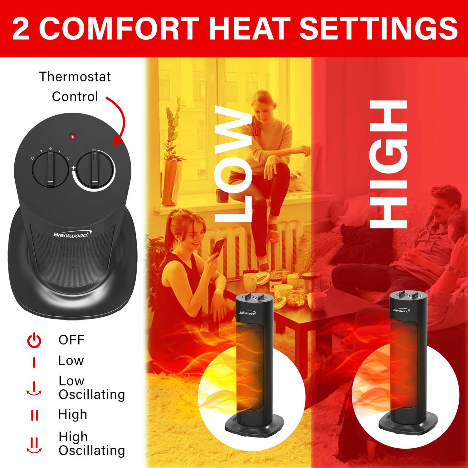 2 COMFORT HEAT SETTINGS

Thermostat Control

LOW
- OFF
- Low
- Low Oscillating

HIGH
- High
- High Oscillating