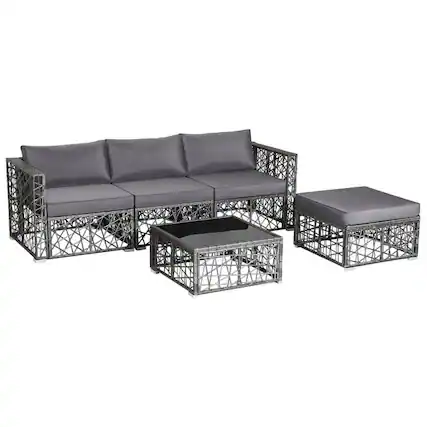 Front. Pefilos - 5 Pieces Patio PE Rattan Wicker Sofa Furniture Set-Gray, Wicker Furniture Conversation Sets, Coffee Table for Garden - Gray.