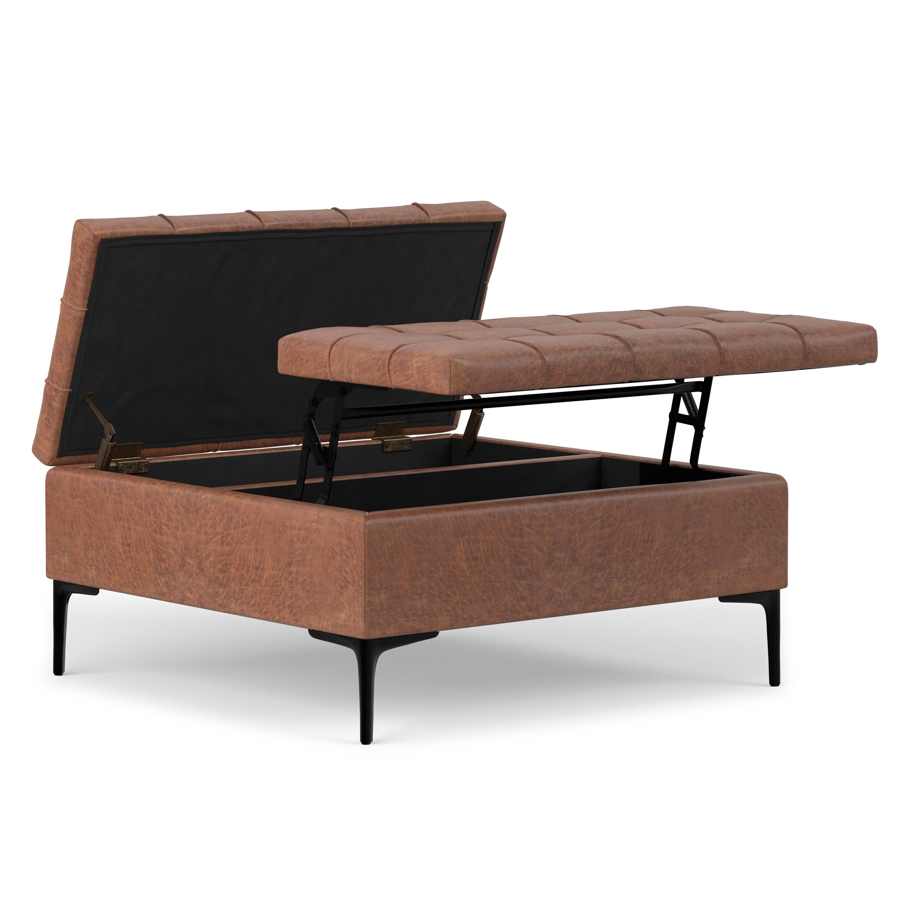 Back. Simpli Home - Laura 36 inch Wide Mid Century Square Lift Top Storage Ottoman in Distressed Saddle Brown  Vegan Faux Leather, Assembled - Distressed Saddle Brown.