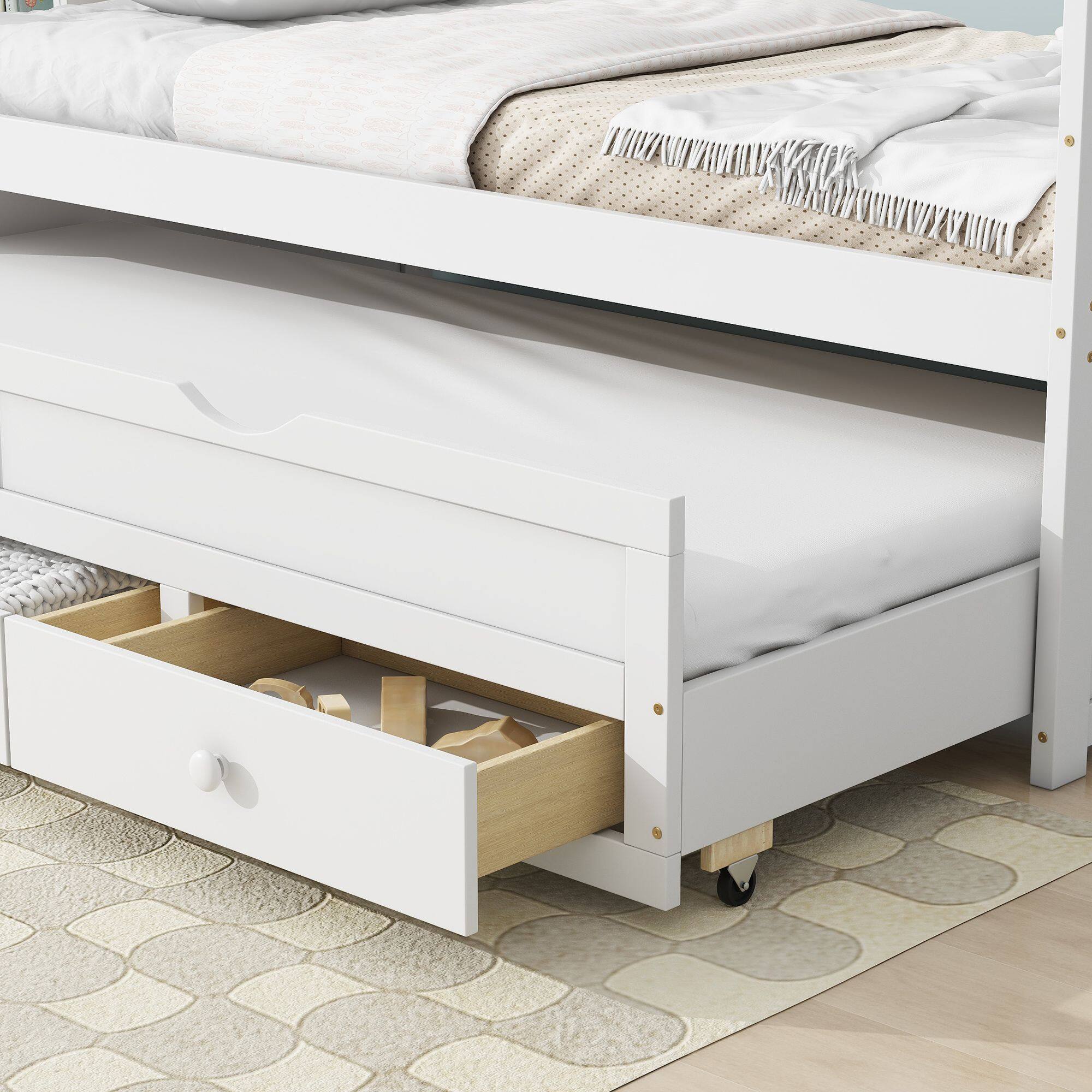 Back. Mirfee - Twin Size Bed with Headboard, Footboard, Trundle, 3 Storage Drawers, Pine Wood, Grey - White.