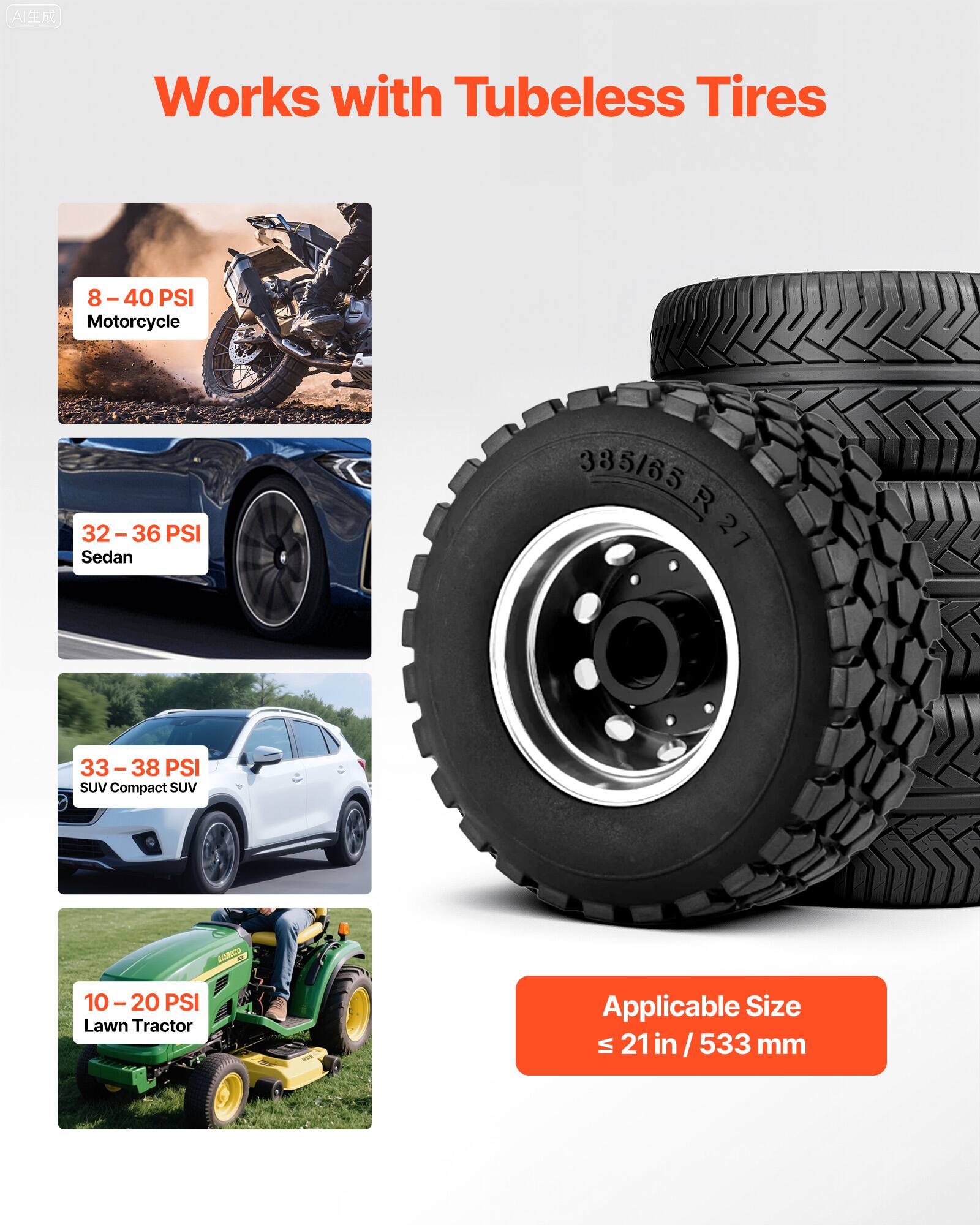 AI Works with Tubeless Tires

- Motorcycle: 8 - 40 PSI
- Sedan: 32 - 36 PSI
- SUV Compact SUV: 33 - 38 PSI
- Lawn Tractor: 10 - 20 PSI

Applicable Size: ≤ 21 in / 533 mm