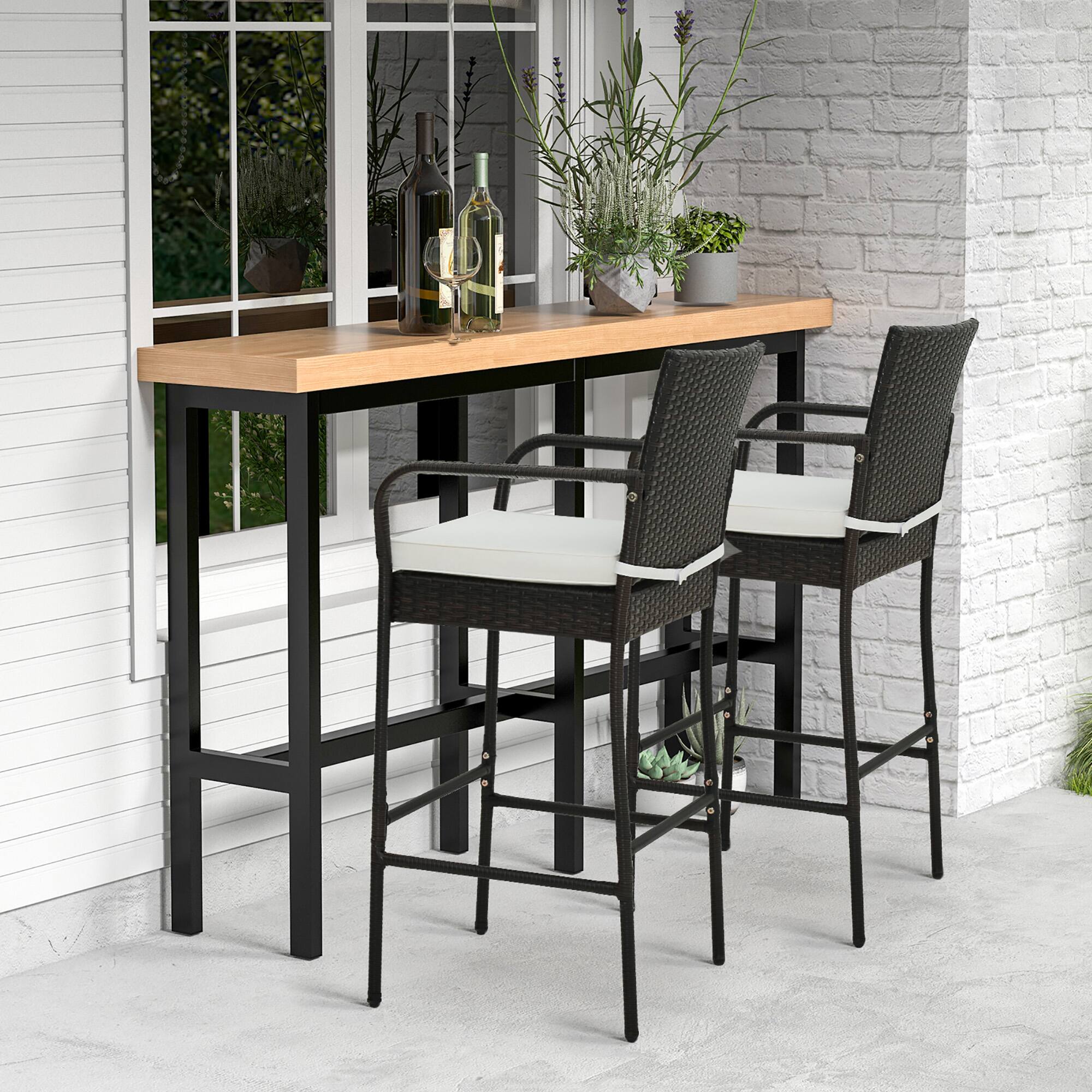 Alt View 3. Gymax - Gymax Set of 2 Wicker Bar Stools Set Outdoor High Back Bar Counter Chairs w/ Cushions - Off White.