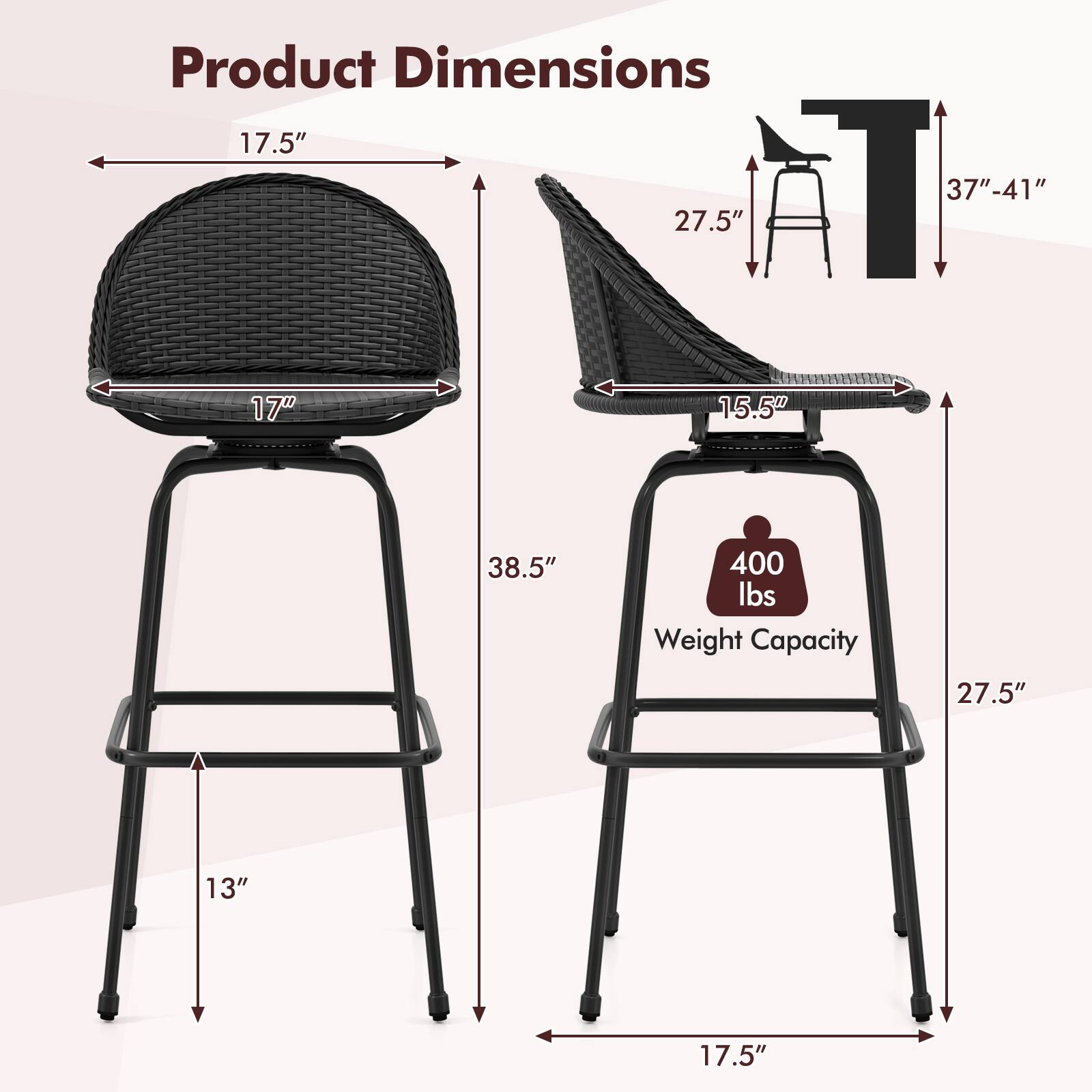 Product Dimensions: 17.5" (width), 27.5" (depth), 37"-41" (height), 17" (seat height), 15.5" (back height), 38.5" (overall height), 13" (leg width), 17.5" (leg depth). Weight Capacity: 400 lbs.