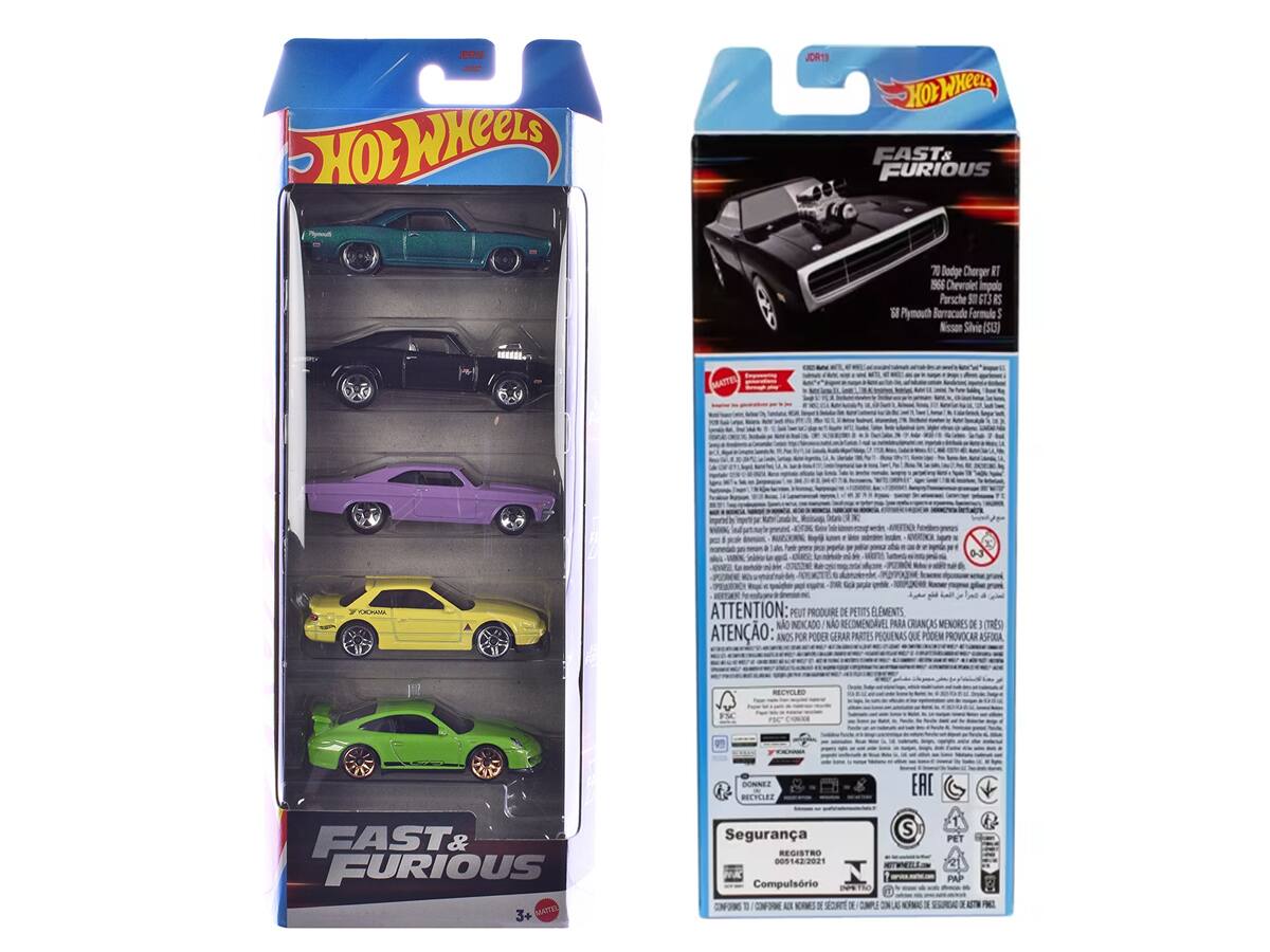 Hot Wheels  
Fast & Furious  
70 Dodge Charger R/T  
1966 Chevrolet Impala  
1968 Plymouth Barracuda Formula S  
Nissan Skyline (50)  

ATTENTION: PEUT PRODUIRE DE PETITS ÉLÉMENTS QUI SONT UN RISQUE POUR LES ENFANTS DE MOINS DE 3 ANS  
ATENÇÃO: PODES GERAR PEQUENAS PARTES QUE PODEM CAUSAR ASFIXIA  
DONNEZ SUEURS EAC FAST & FURIOUS 3+  

Segurança  
REGISTRO 0011422021  
Compulsório CF  
3+