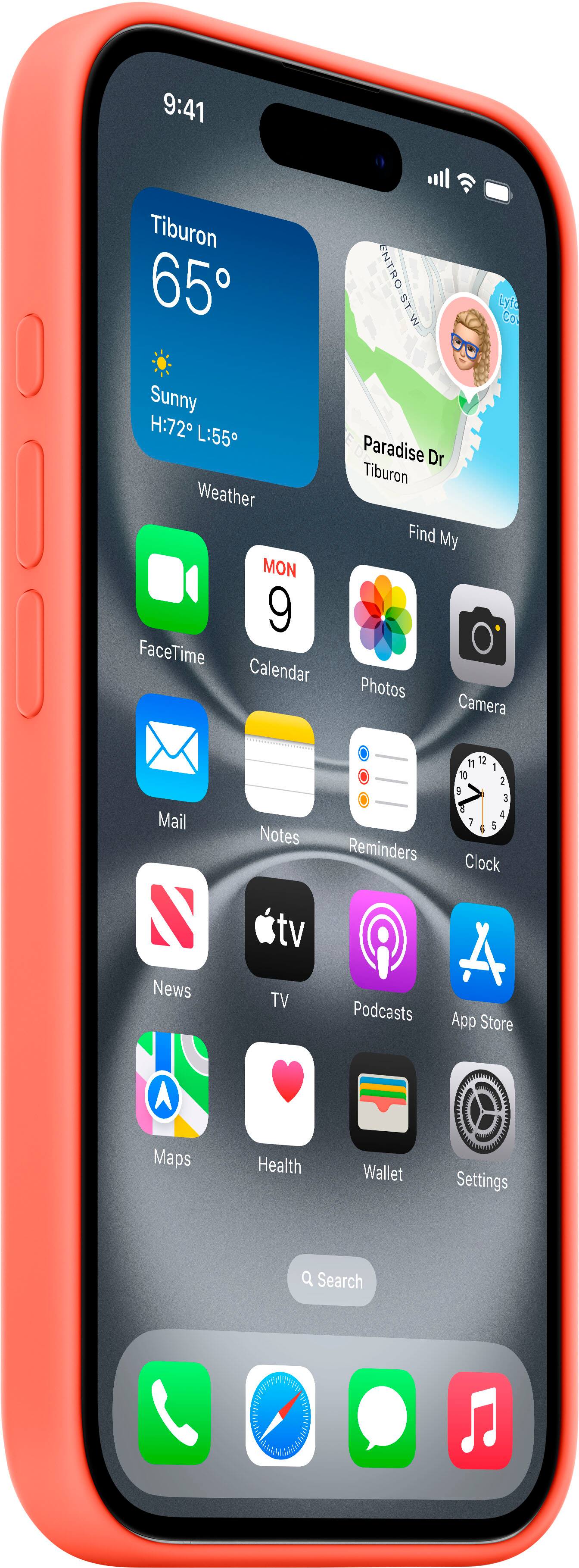 The image shows a smartphone with a weather app on the screen, indicating that the temperature is 65 degrees Fahrenheit and the weather is sunny. The phone is also displaying the time, which is 9:41. The device has a variety of apps installed, including FaceTime, Calendar, and various other apps such as ENTRO, STW, Lyla, Co, and Paradise Dr. The phone also has a camera, mail, and news apps, as well as a reminder app and a clock app. Additionally, there are several other apps installed, including a podcast app and an app store. The phone also has a map app and a health app, as well as a Wallet app for making payments.