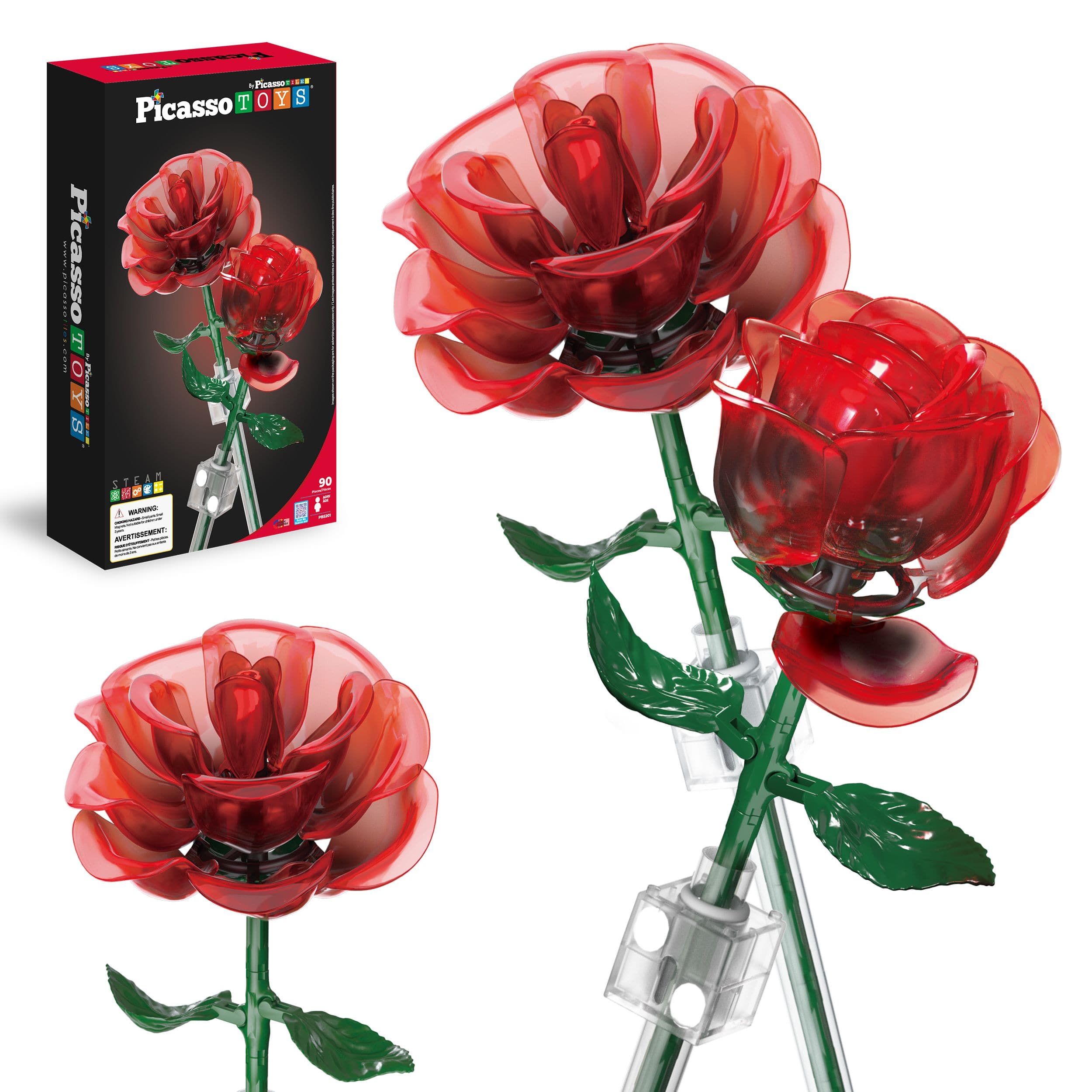 PicassoTiles - Red STEM Roses 90pc Magnetic Flower Building Kit for Kids, STEM Construction Toy, Mother’s Day Gift