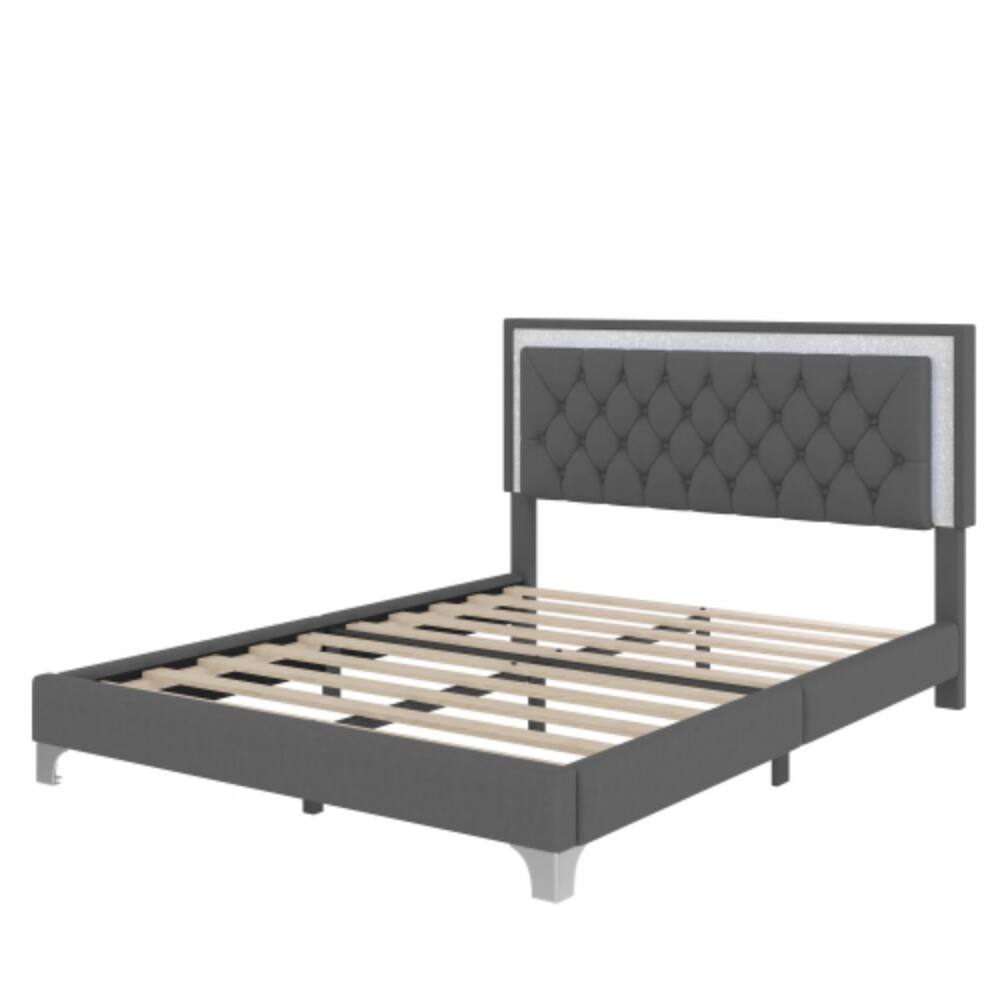 Alt View 3. LUCKY ONE - Queen Size Upholstered Bed Frame with LED Lights, Velvet Platform Bed with Tufted Headboard, Wood Slats - Gray.