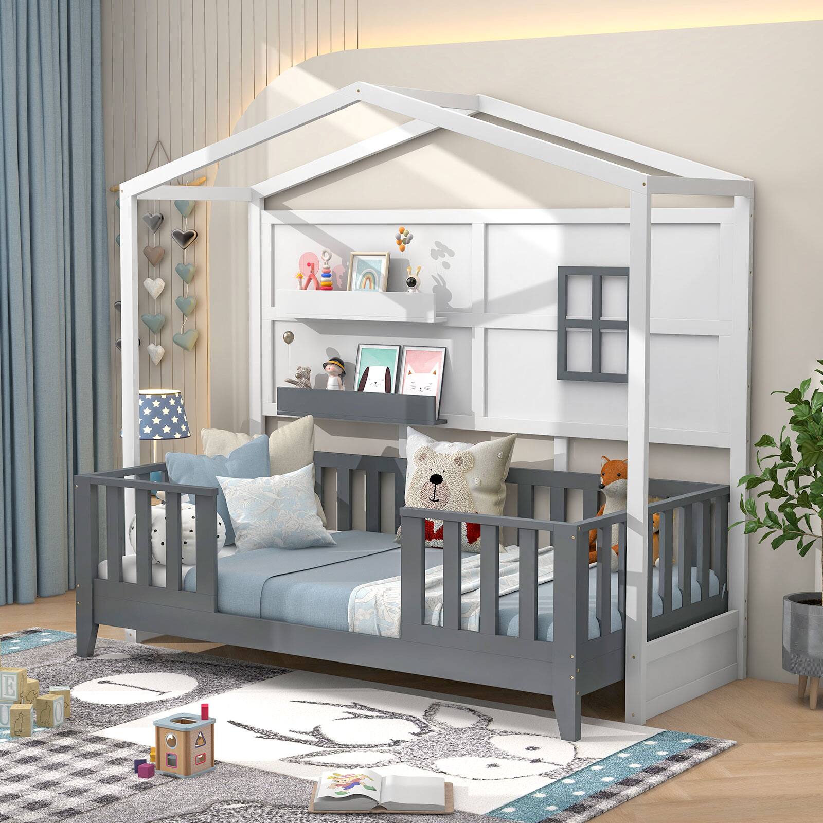 Alt View 3. Costway - Costway Twin Size Kids House Bed with Fence Window Wooden Slats & 2 Storage Shelves - White,Gray.