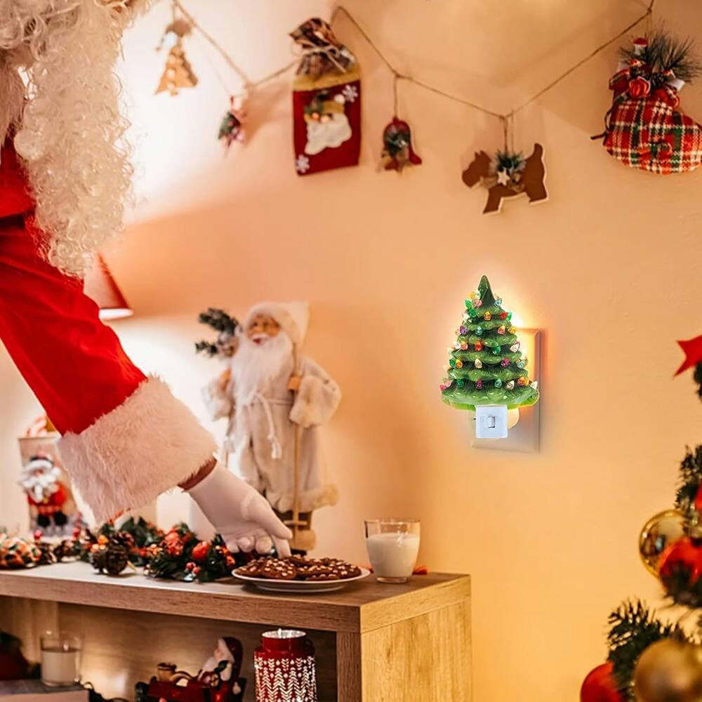 Alt View 1. ACJPR - Christmas Tree Night Light – Plug-in Vintage Resin Holiday Wall Décor - ‎Green Painted.